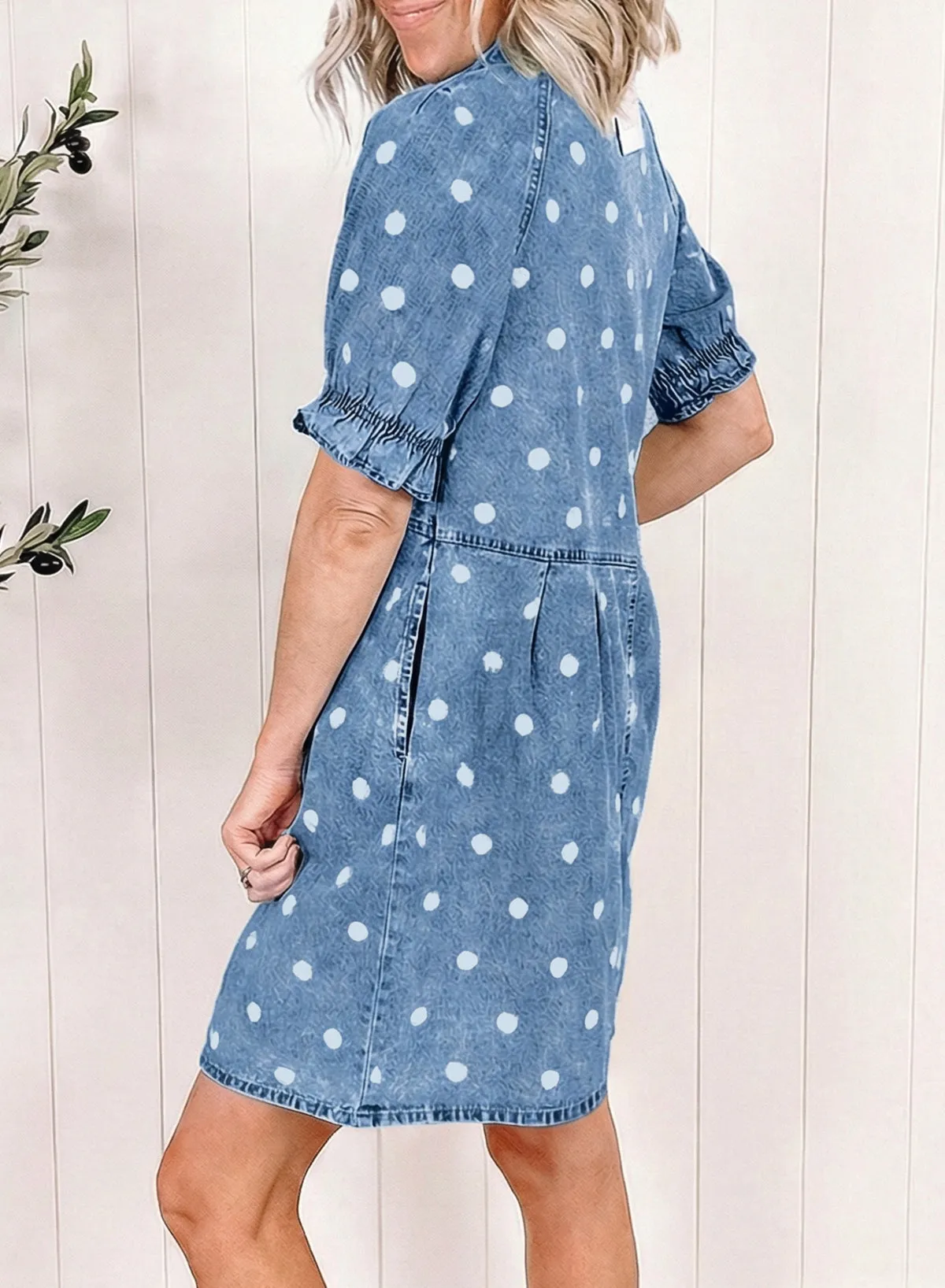 Polka Dot Print Ruffled Short Puff Sleeve Button Down Loose Denim Dress sold by Beagle Boutique product image thumbnail 2