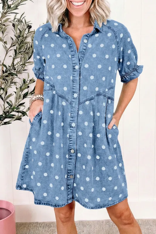 Polka Dot Print Ruffled Short Puff Sleeve Button Down Loose Denim Dress made by Beagle Boutique
