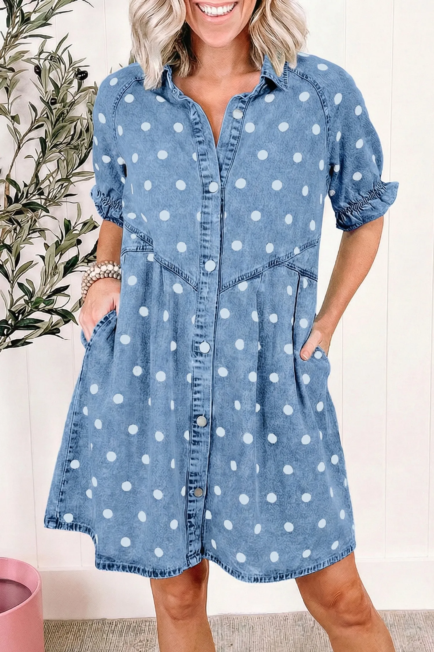 Polka Dot Print Ruffled Short Puff Sleeve Button Down Loose Denim Dress sold by Beagle Boutique