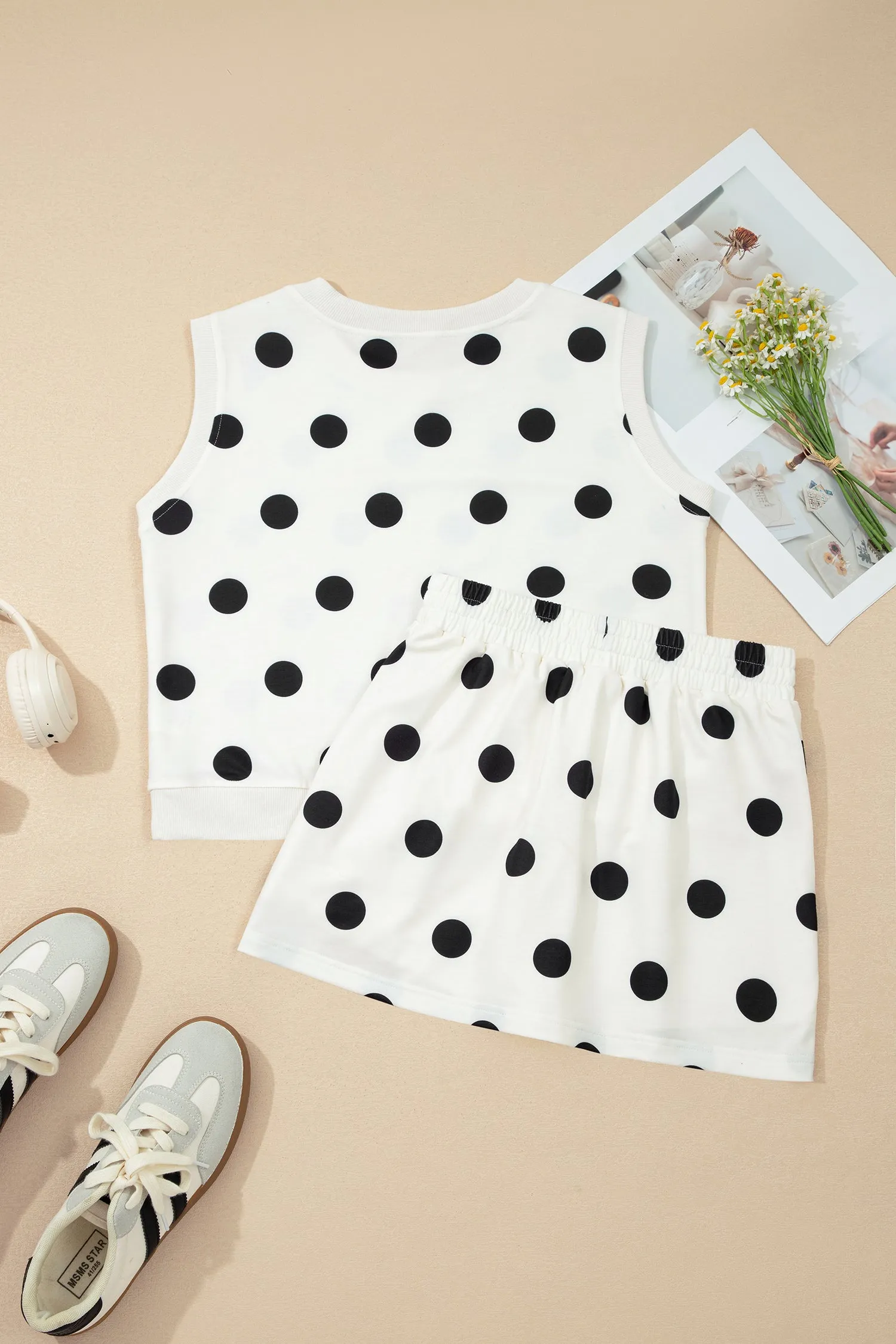 Ribbed Trim Polka Dot Print Tank Split Mini Skort Co-ord Set sold by Beagle Boutique product image thumbnail 4