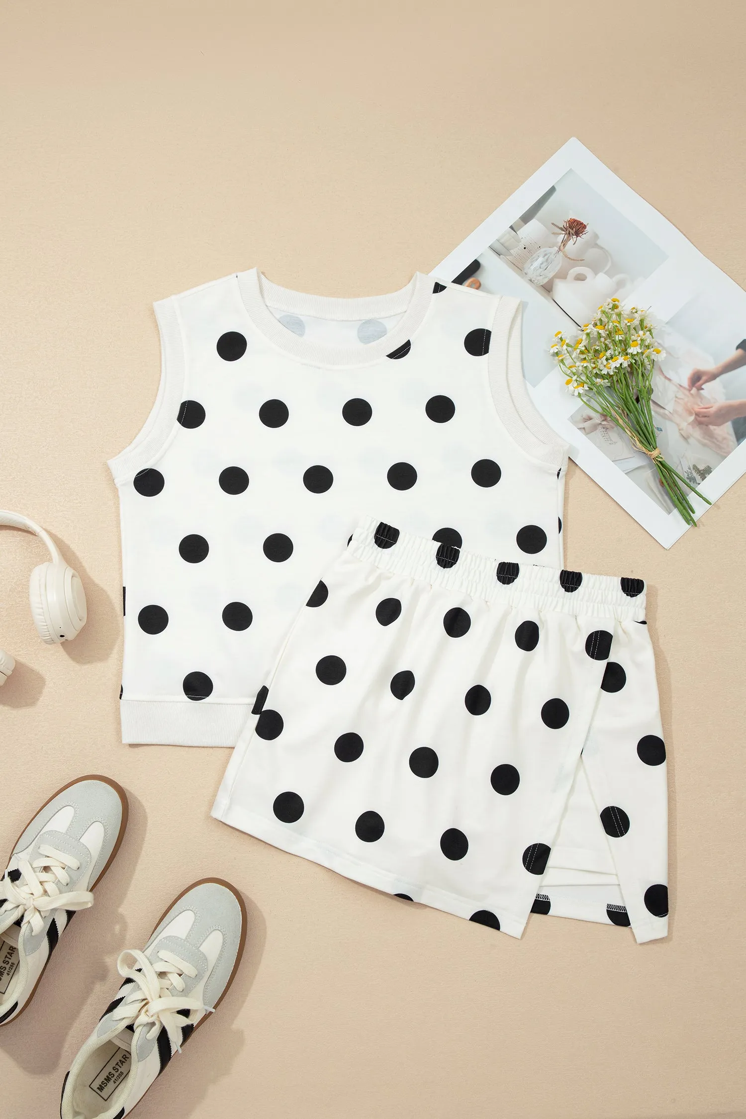 Ribbed Trim Polka Dot Print Tank Split Mini Skort Co-ord Set sold by Beagle Boutique product image thumbnail 3
