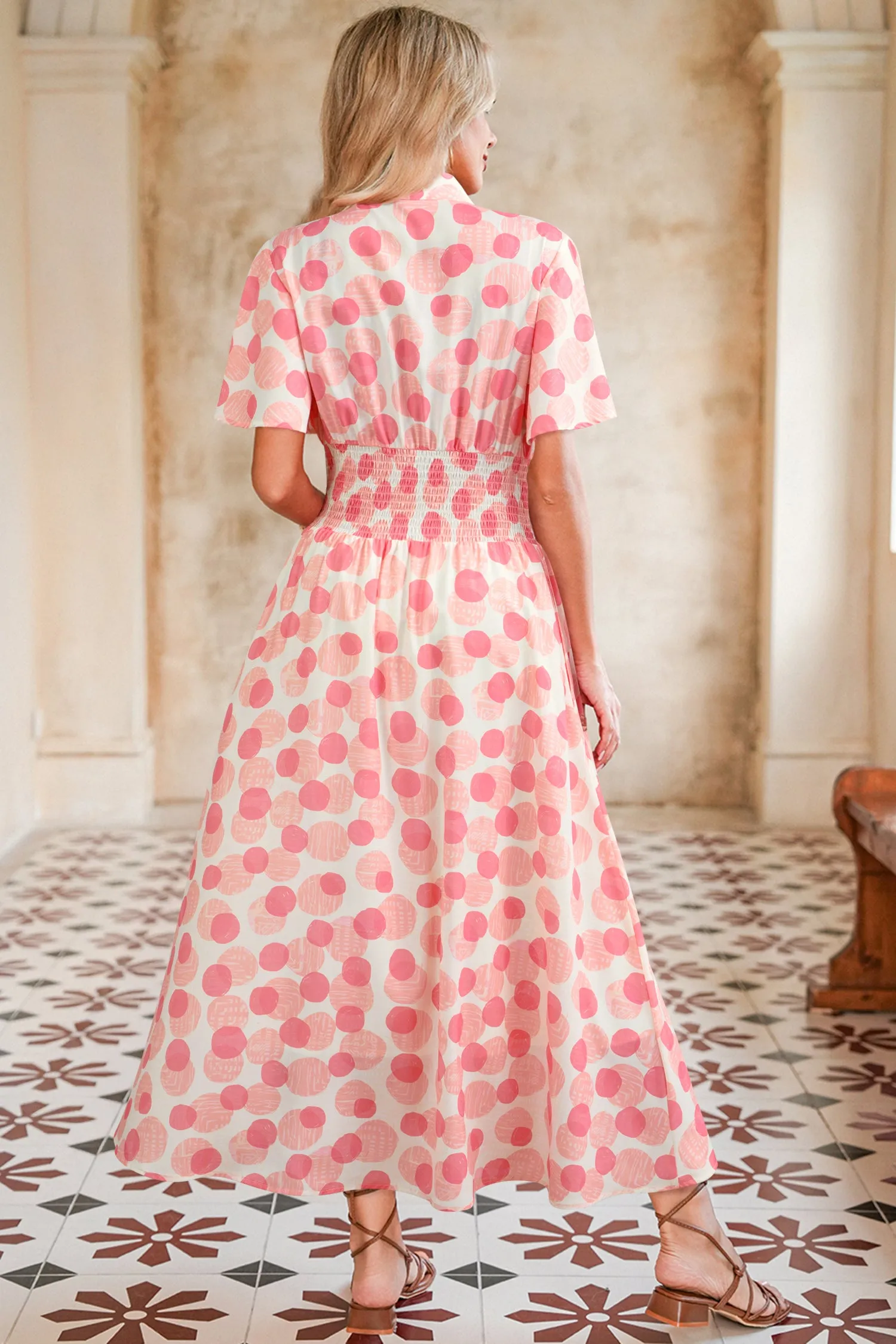 Pink Polka Dot Printed Ruffle Short Sleeve Zip Up Long Dress sold by Beagle Boutique product image thumbnail 3