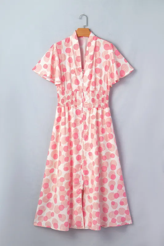 Pink Polka Dot Printed Ruffle Short Sleeve Zip Up Long Dress made by Beagle Boutique