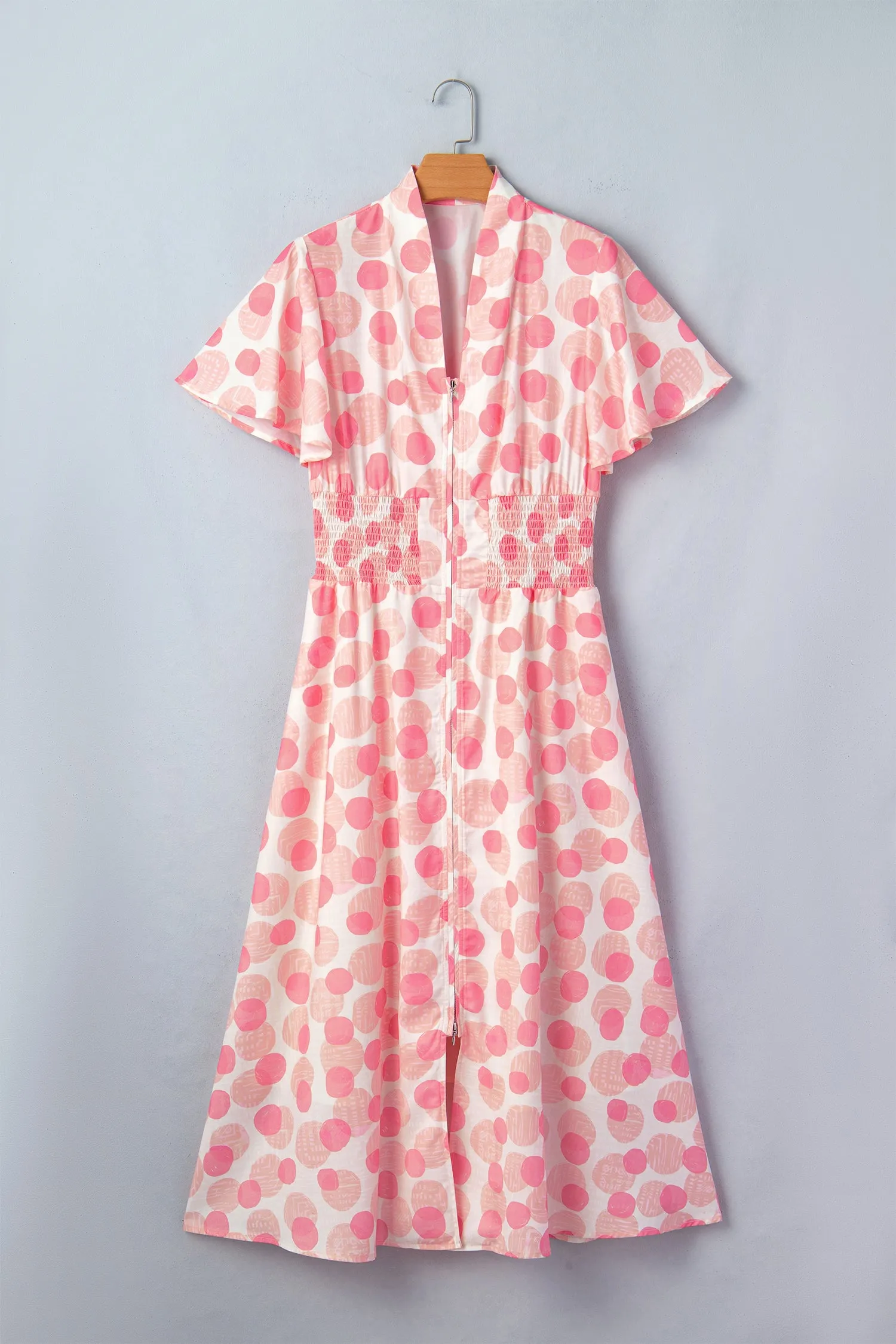 Pink Polka Dot Printed Ruffle Short Sleeve Zip Up Long Dress sold by Beagle Boutique