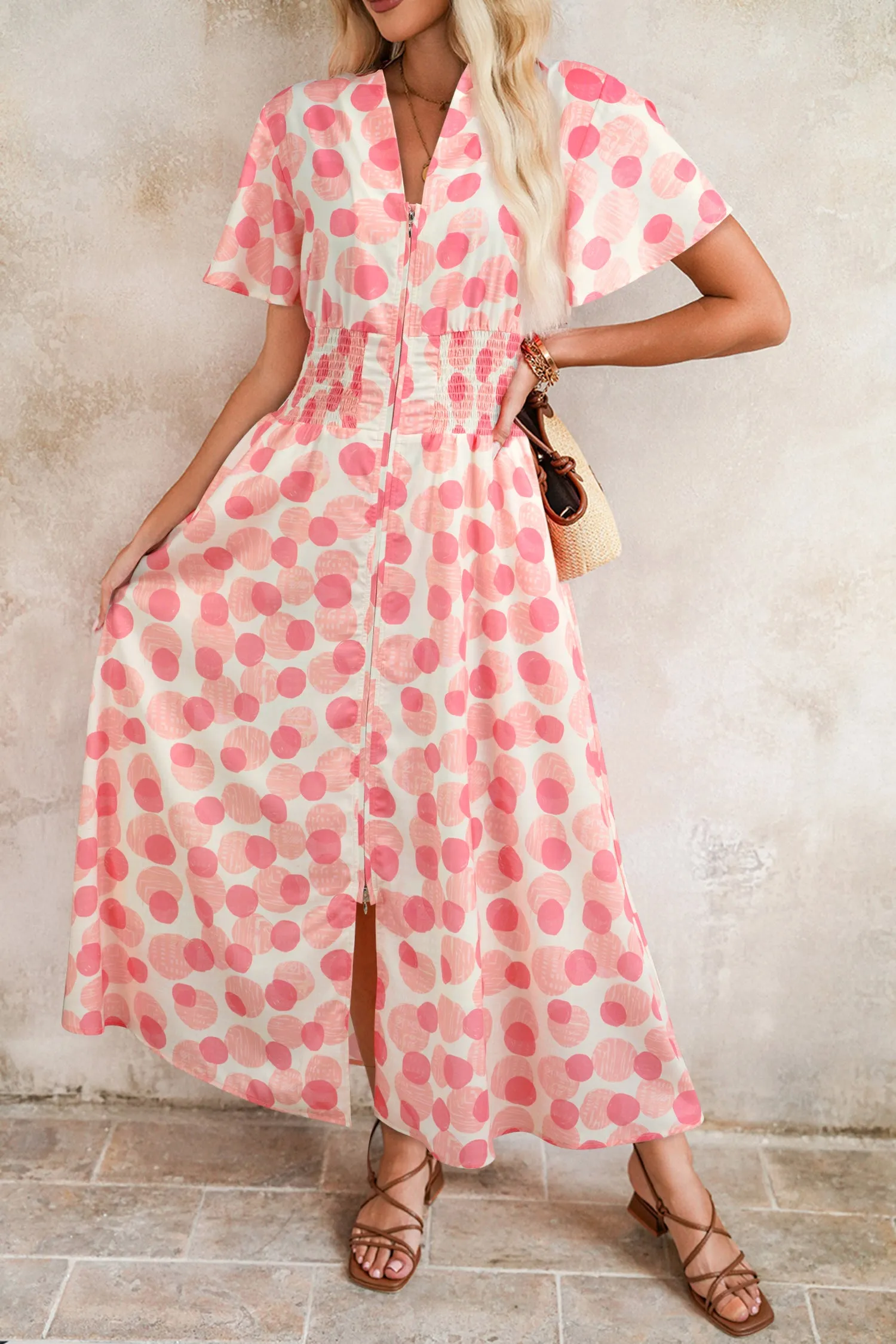 Pink Polka Dot Printed Ruffle Short Sleeve Zip Up Long Dress sold by Beagle Boutique product image thumbnail 2