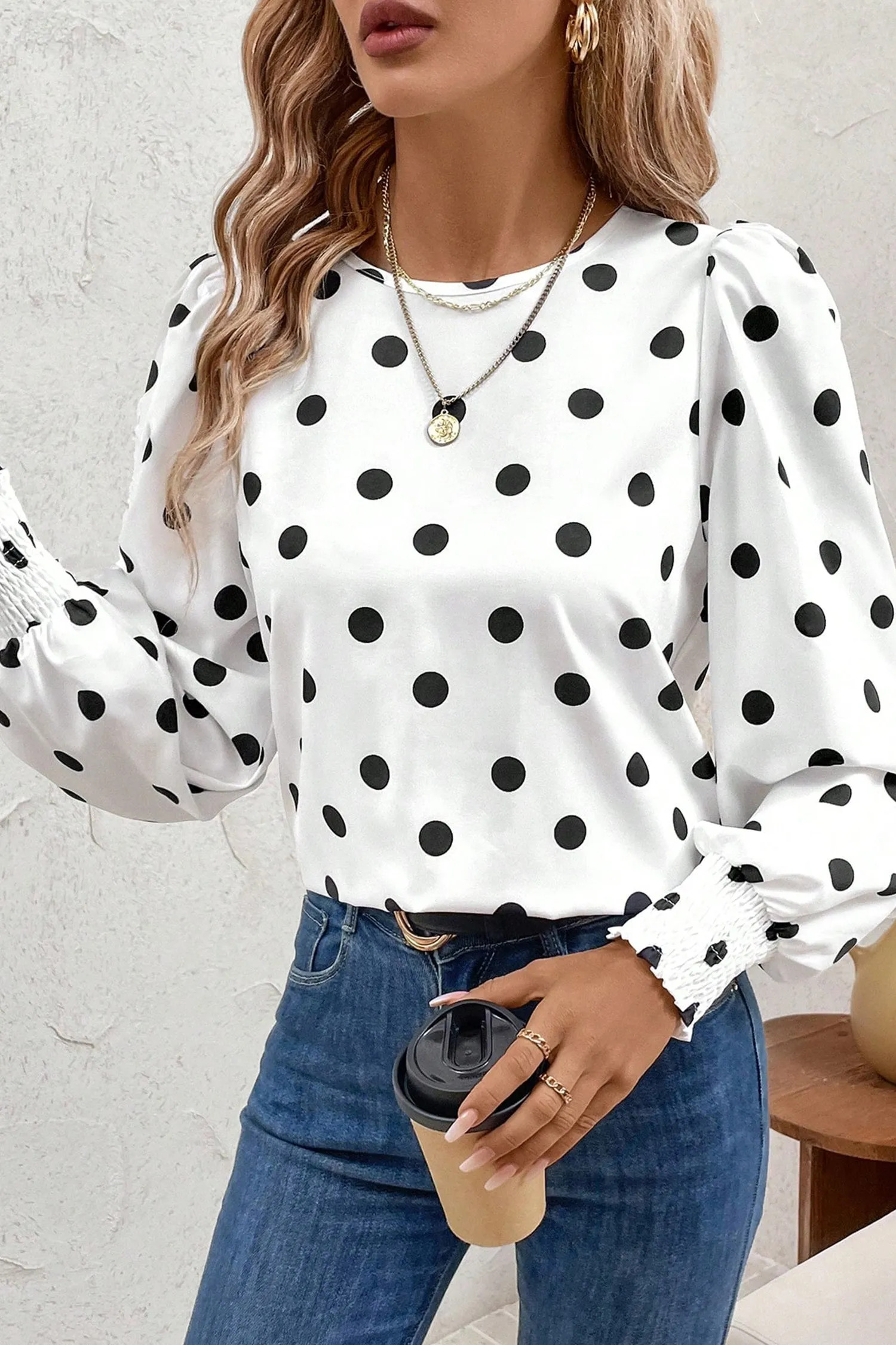 White Polka Dot Print Round Neck Frilled Long Sleeve Blouse sold by Beagle Boutique product image thumbnail 5