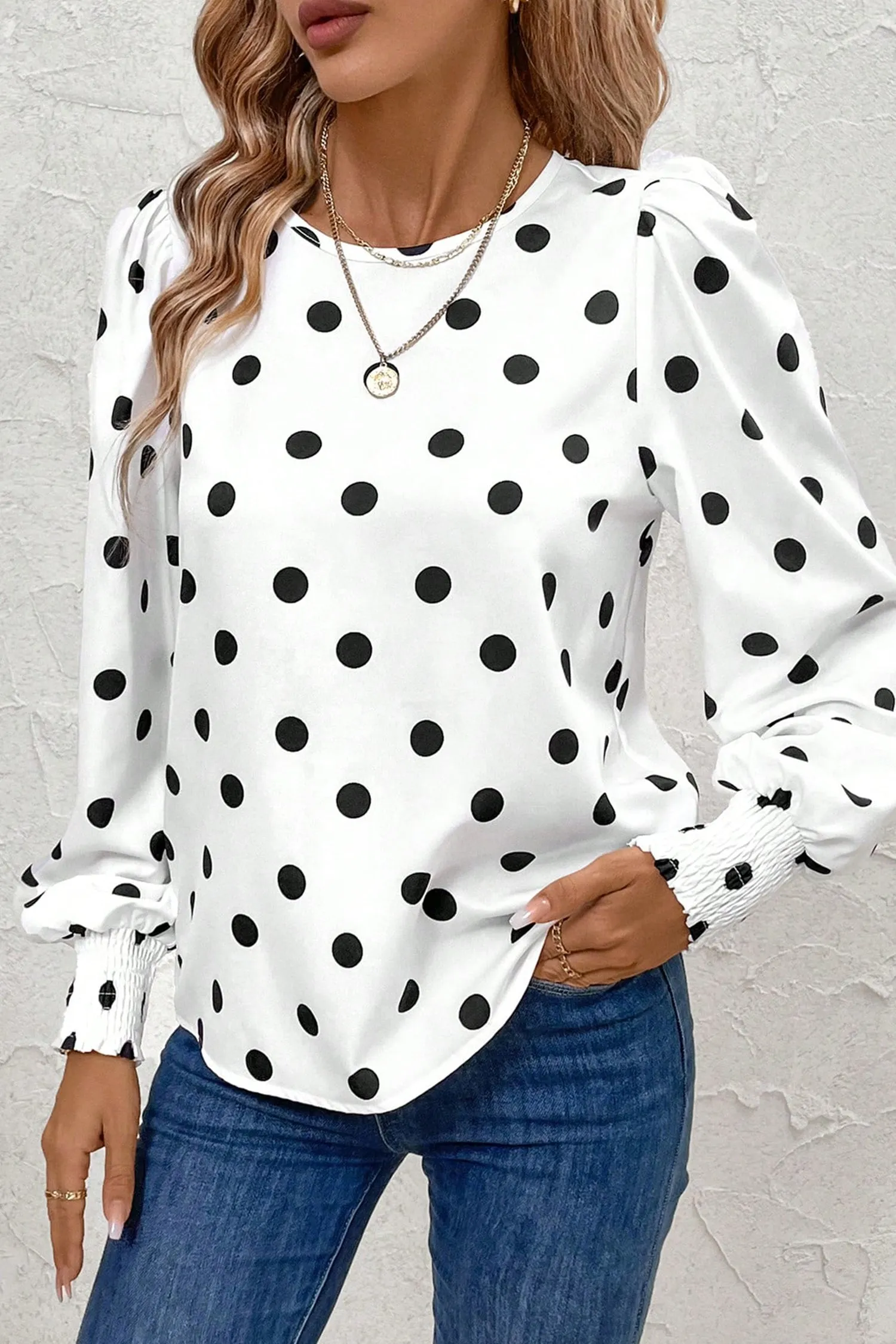 White Polka Dot Print Round Neck Frilled Long Sleeve Blouse sold by Beagle Boutique product image thumbnail 4