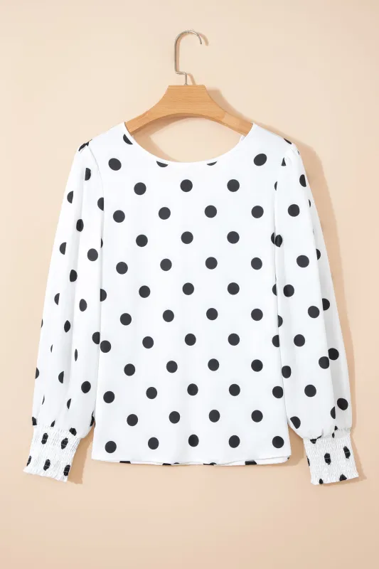 White Polka Dot Print Round Neck Frilled Long Sleeve Blouse made by Beagle Boutique