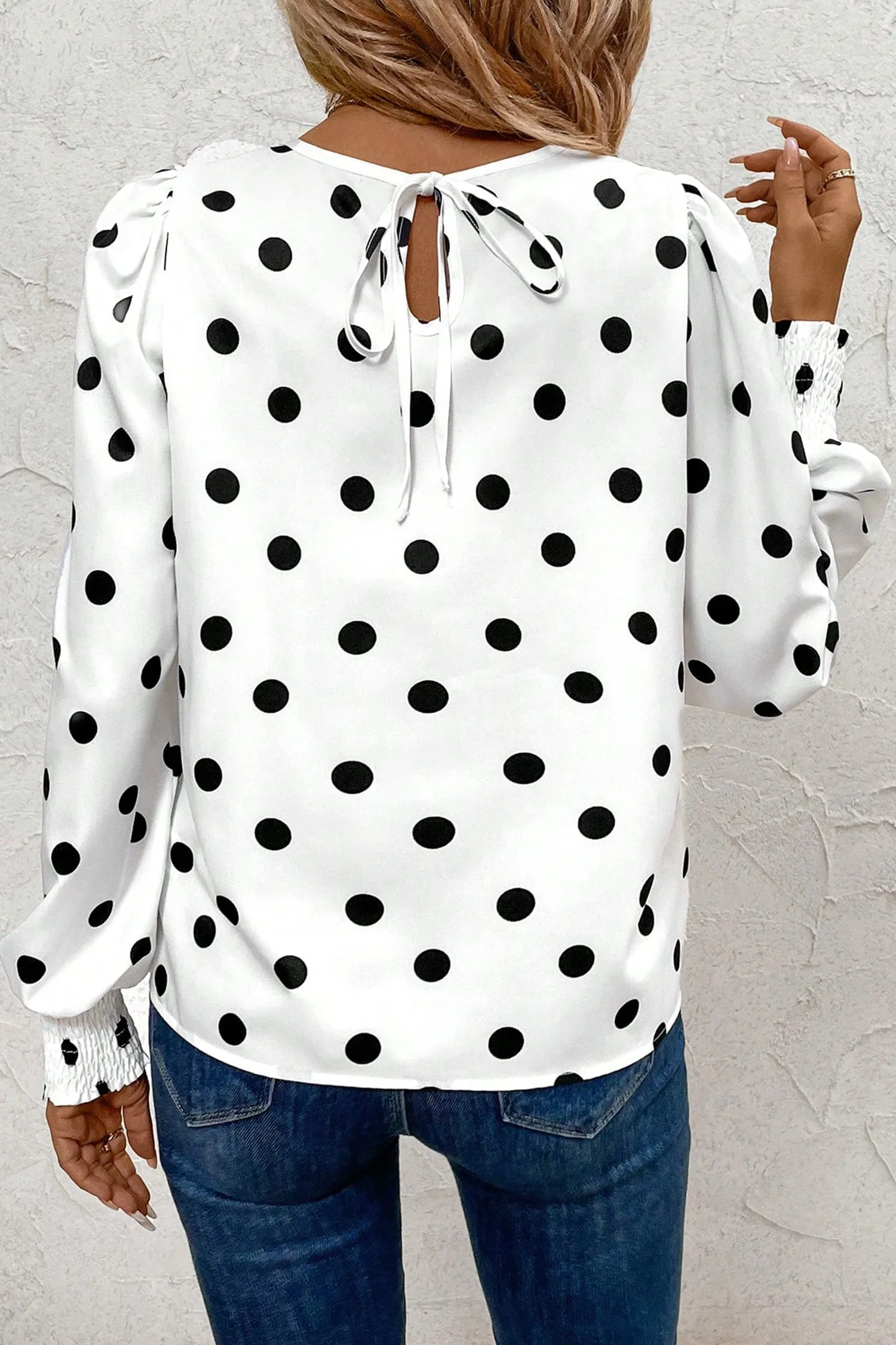 White Polka Dot Print Round Neck Frilled Long Sleeve Blouse sold by Beagle Boutique product image thumbnail 3