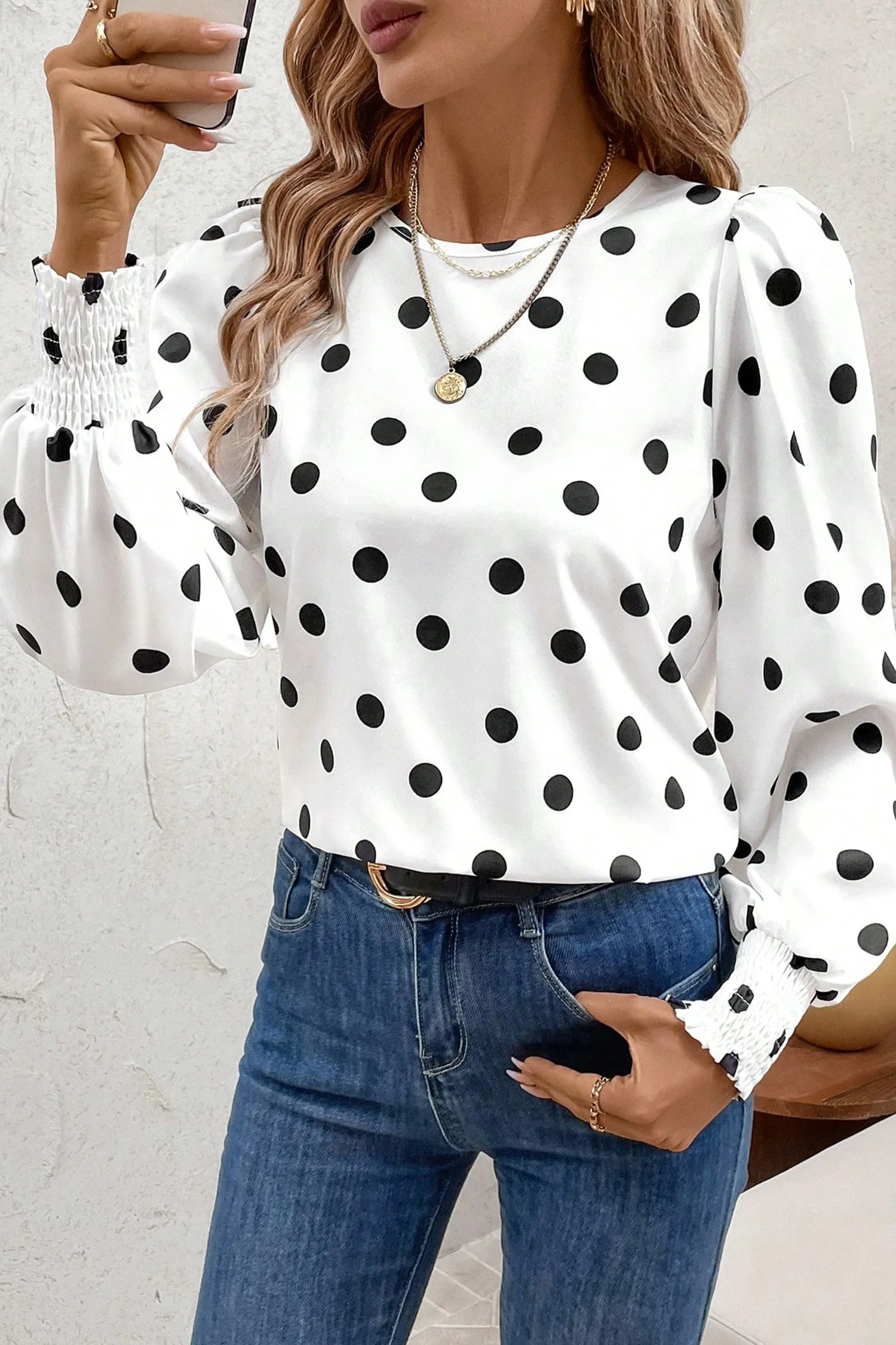 White Polka Dot Print Round Neck Frilled Long Sleeve Blouse sold by Beagle Boutique product image thumbnail 2