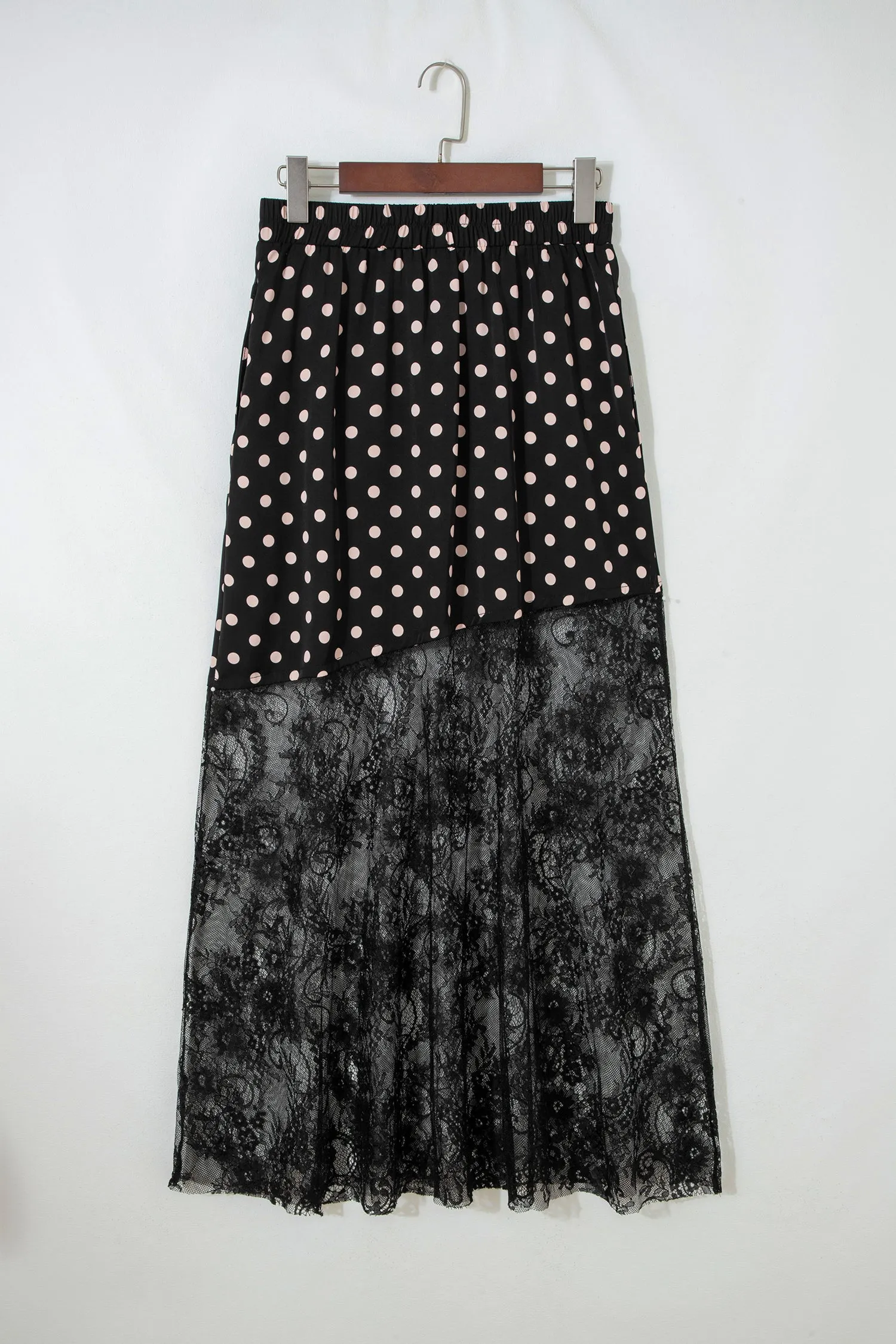 Black Asymmetric Polka Dot Print Sheer Lace Patchwork Maxi Skirt sold by Beagle Boutique product image thumbnail 4