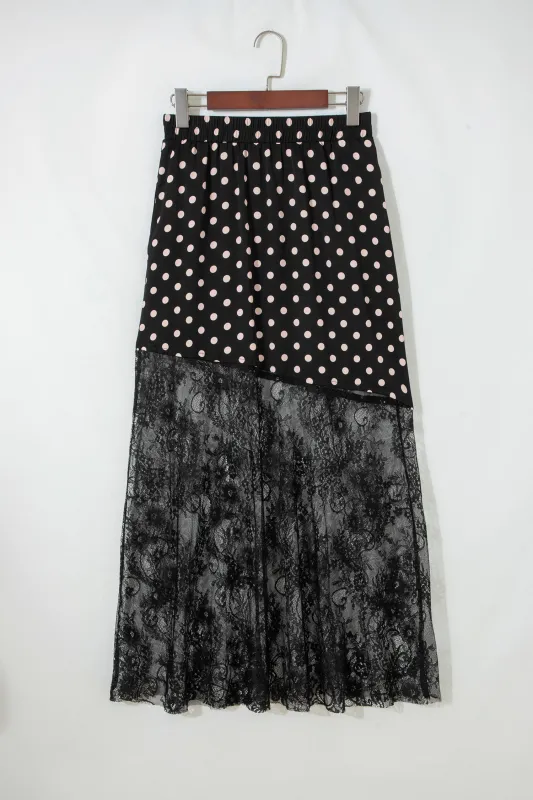 Black Asymmetric Polka Dot Print Sheer Lace Patchwork Maxi Skirt made by Beagle Boutique
