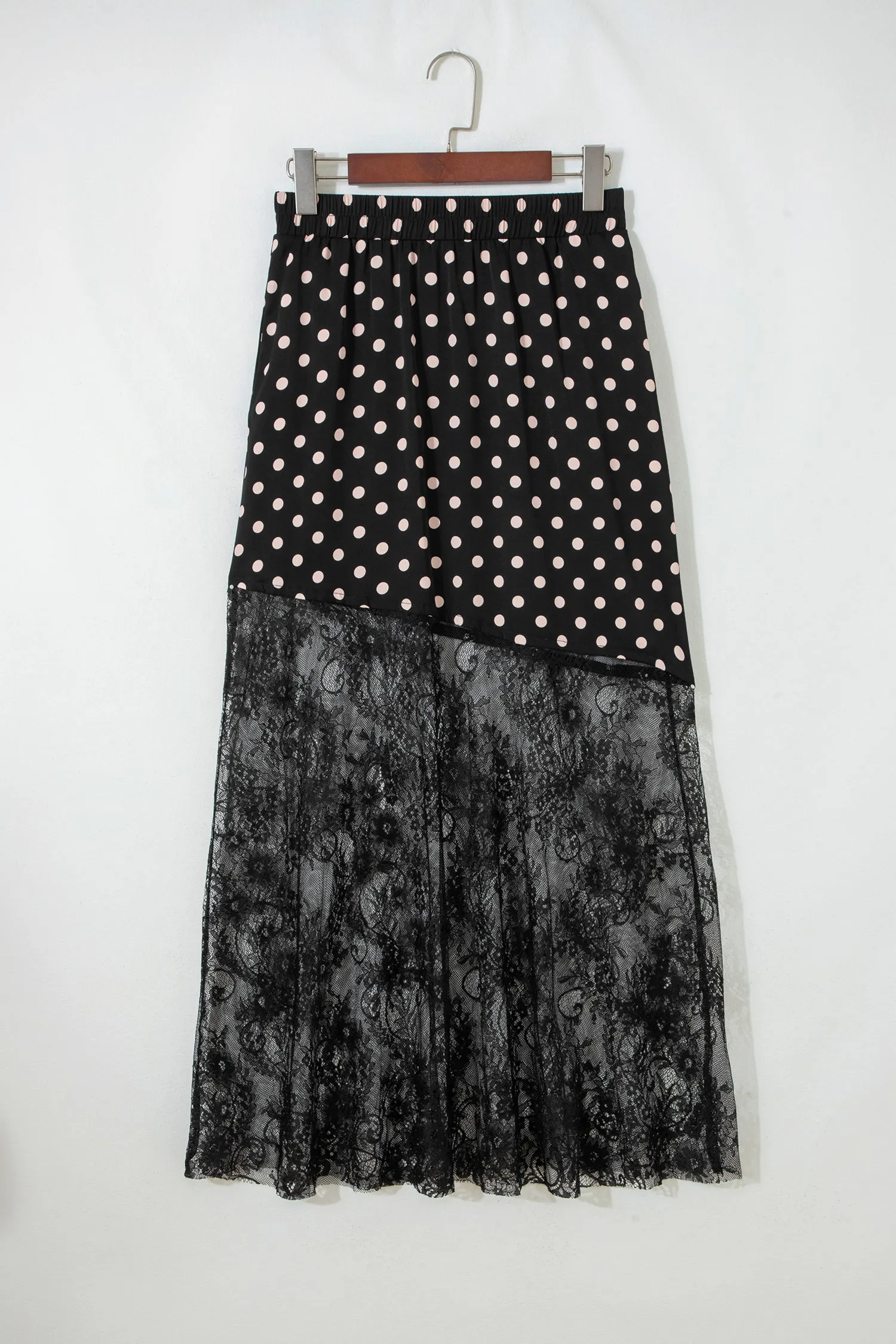 Black Asymmetric Polka Dot Print Sheer Lace Patchwork Maxi Skirt sold by Beagle Boutique