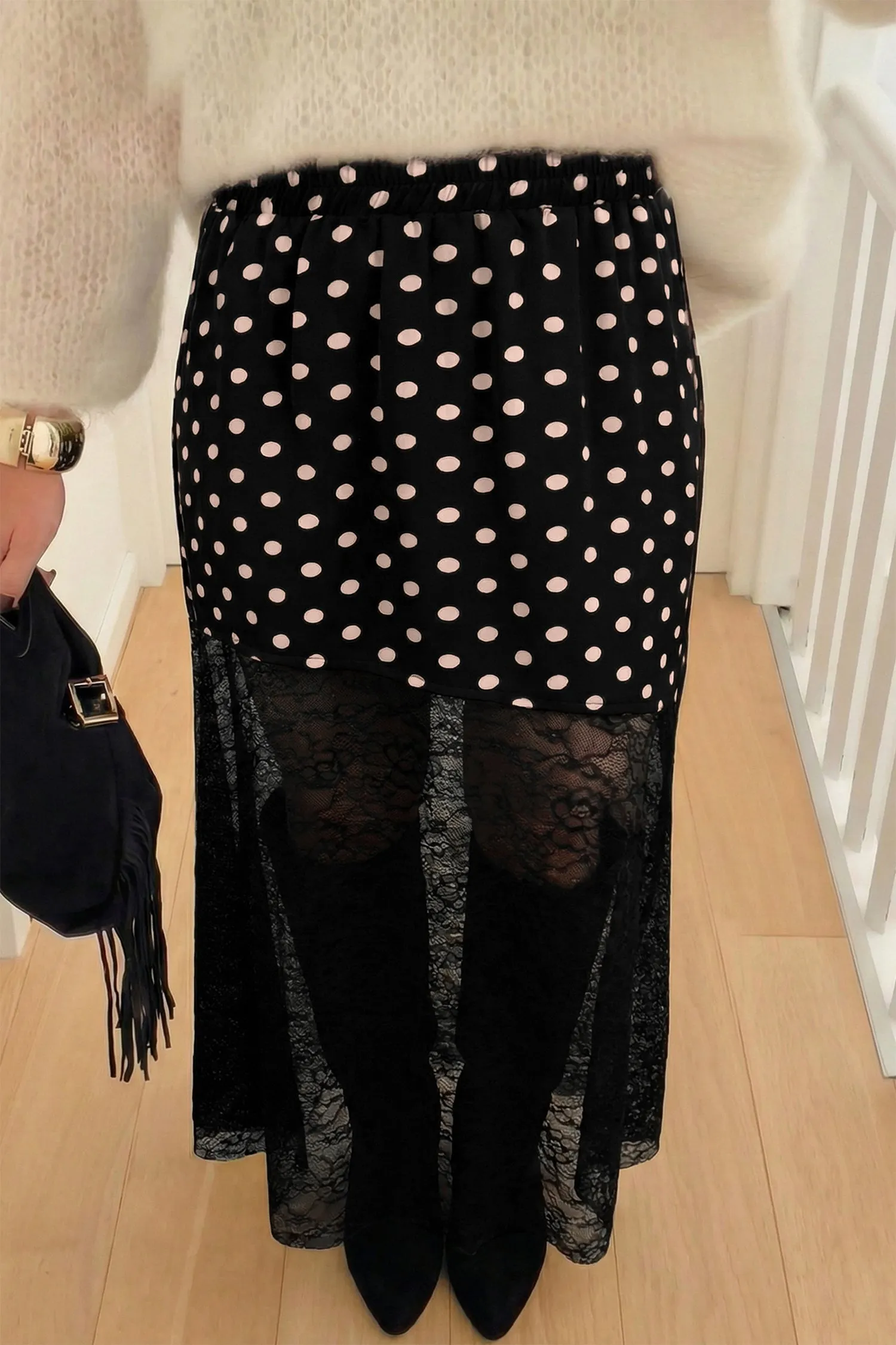 Black Asymmetric Polka Dot Print Sheer Lace Patchwork Maxi Skirt sold by Beagle Boutique product image thumbnail 2
