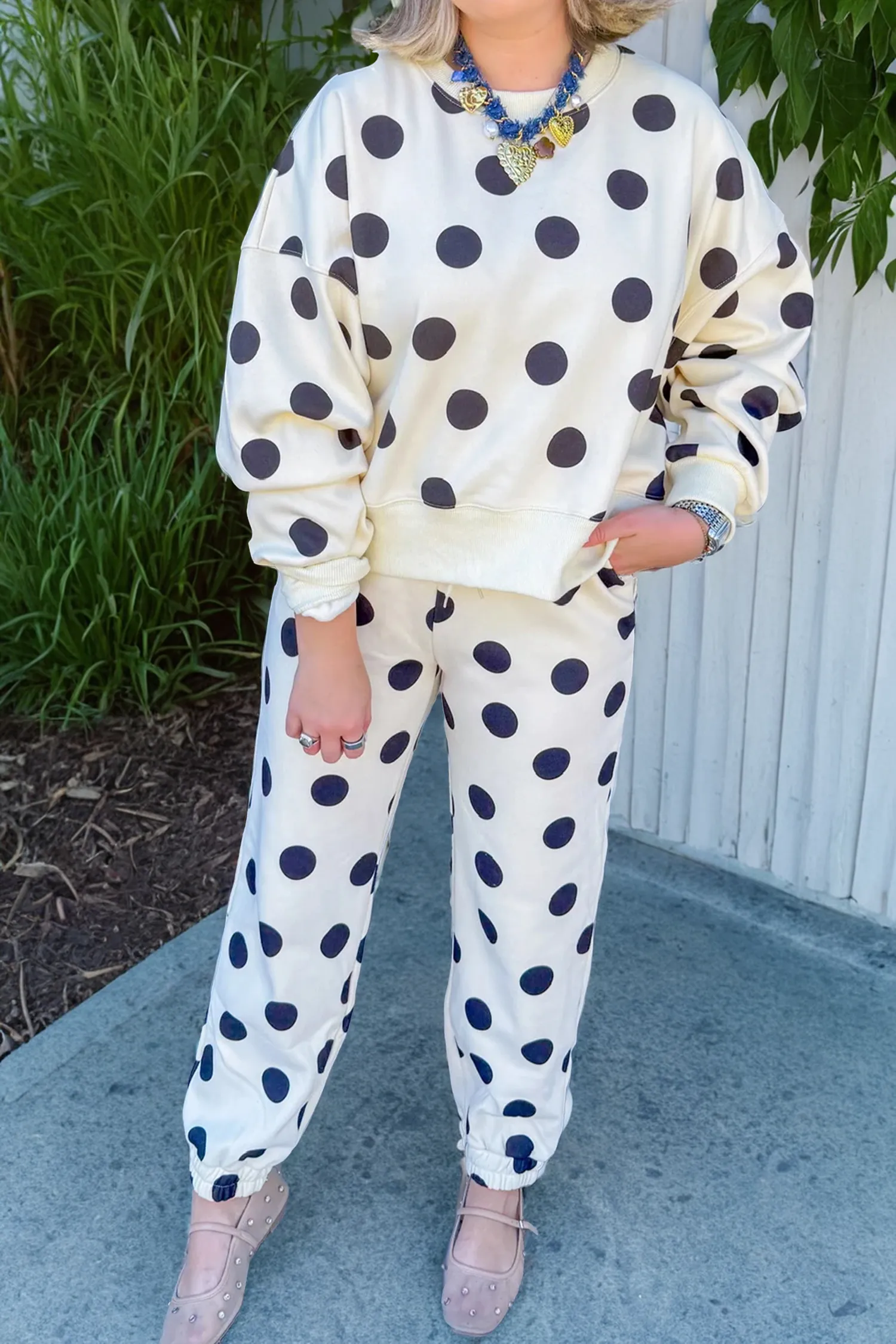 Polka Dot Print Drop Shoulder Pullover Drawstring Jogger Pant Co-ord Set sold by Beagle Boutique product image thumbnail 2