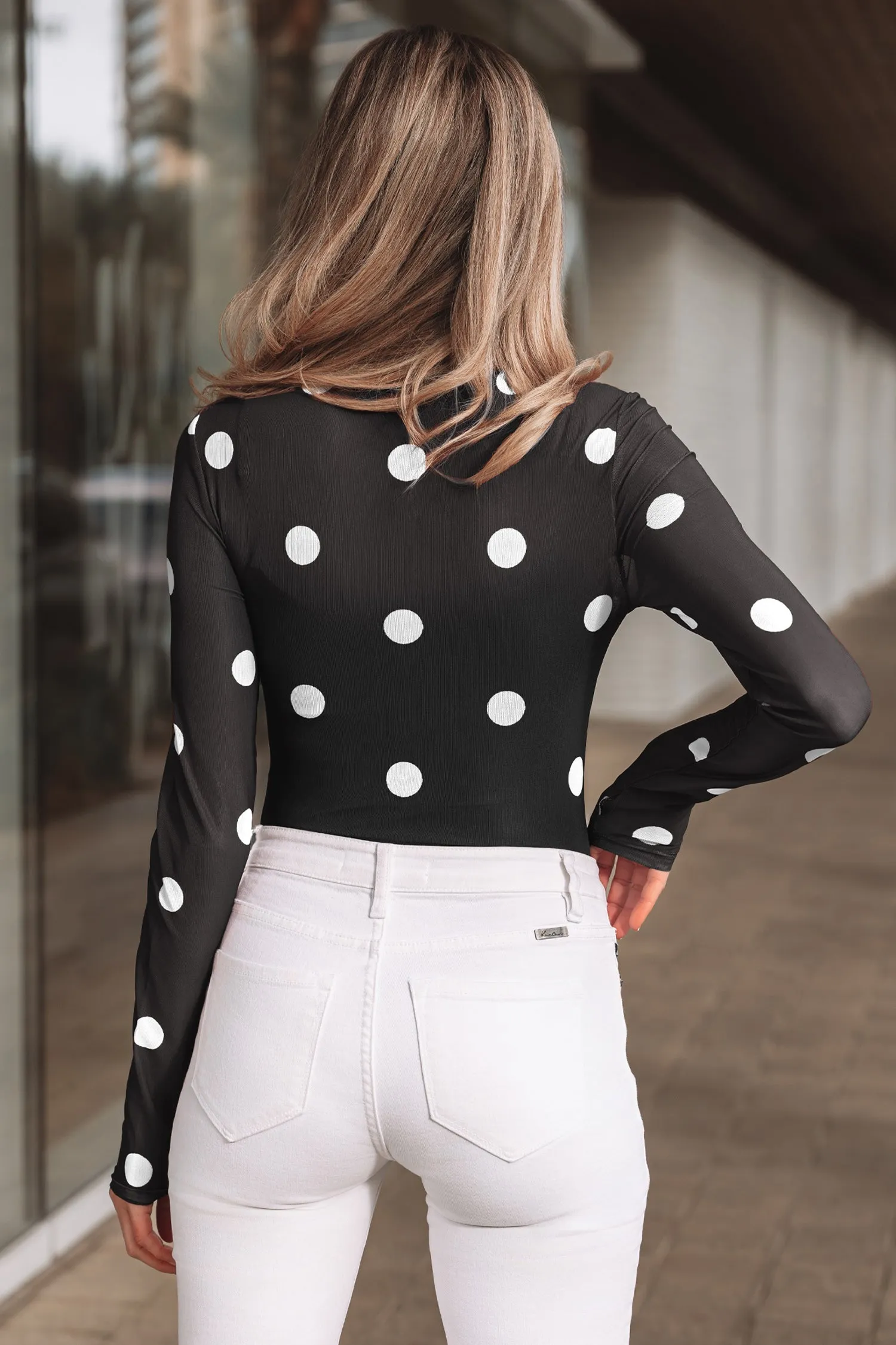 Polka Dot Print Mesh Long Sleeve Bodysuit sold by Beagle Boutique product image thumbnail 2