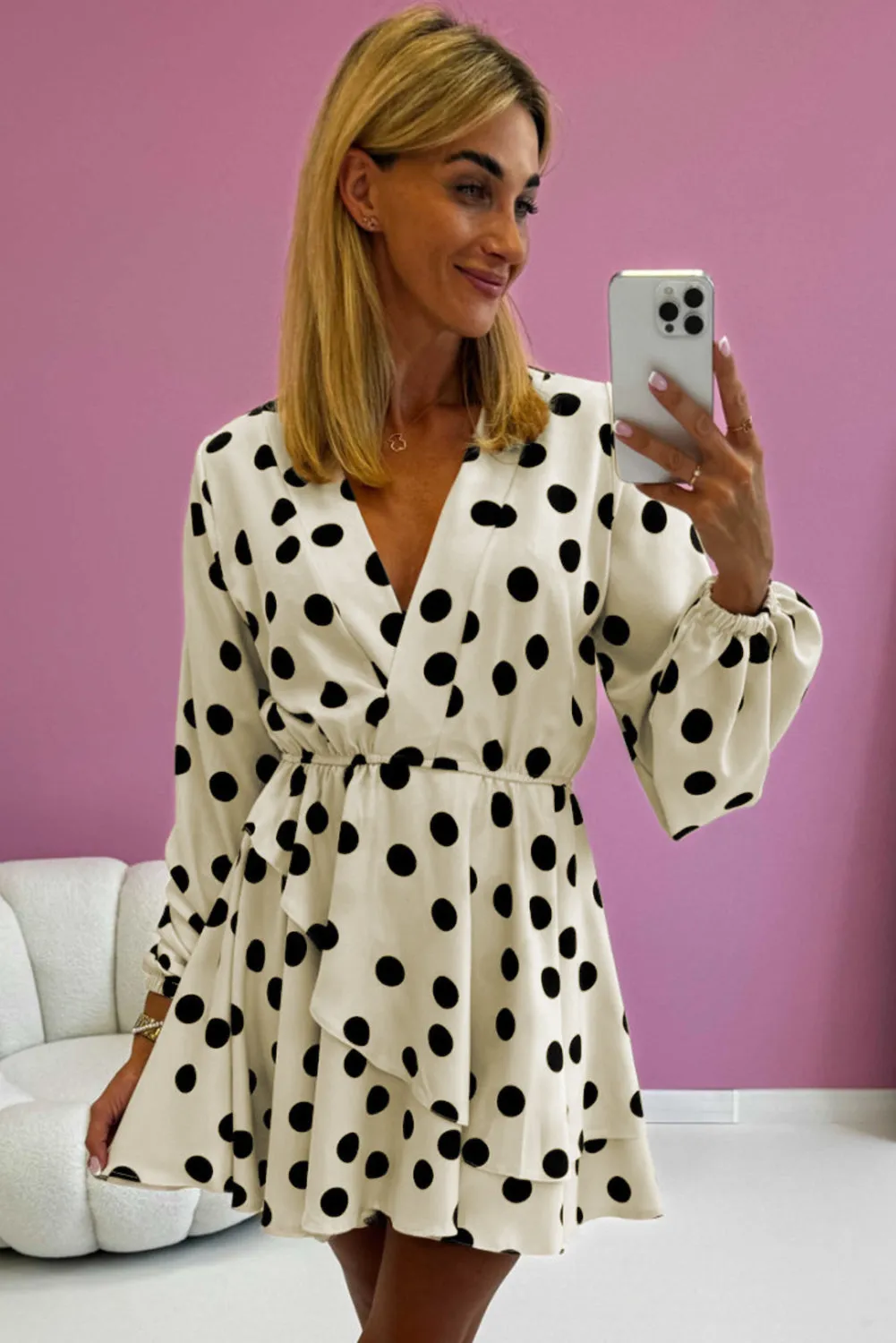 Polka Dot Print Surplice V-Neck Puff Sleeve Mini Dress sold by Beagle Boutique product image thumbnail 5