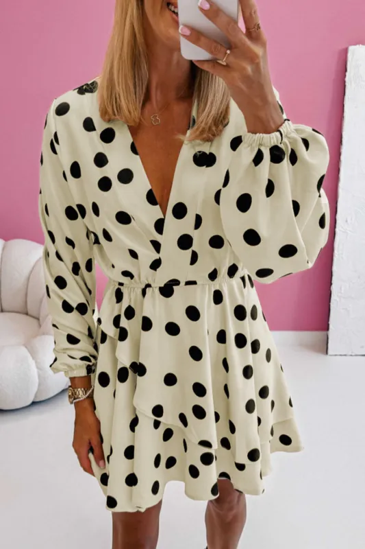 Polka Dot Print Surplice V-Neck Puff Sleeve Mini Dress made by Beagle Boutique