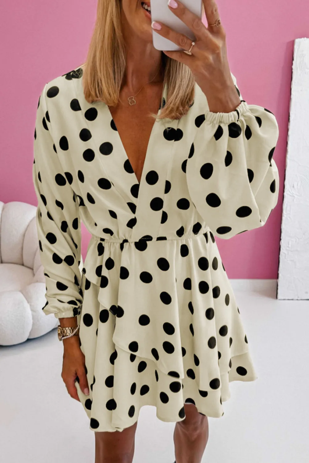 Polka Dot Print Surplice V-Neck Puff Sleeve Mini Dress sold by Beagle Boutique