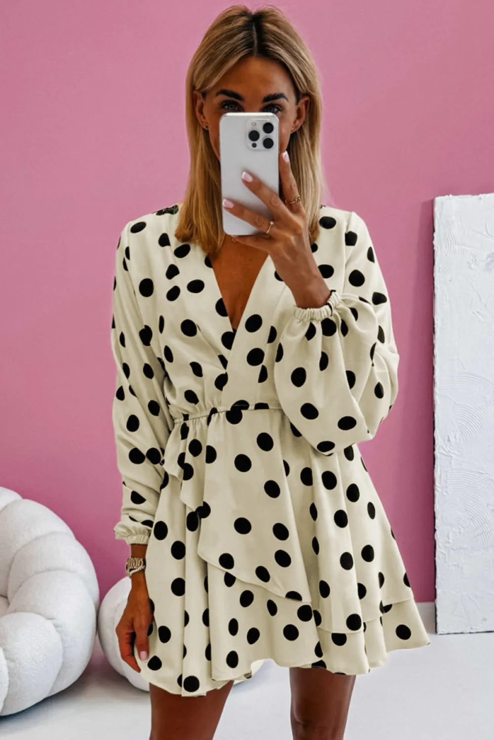 Polka Dot Print Surplice V-Neck Puff Sleeve Mini Dress sold by Beagle Boutique product image thumbnail 4