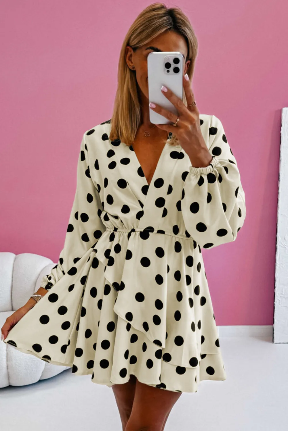 Polka Dot Print Surplice V-Neck Puff Sleeve Mini Dress sold by Beagle Boutique product image thumbnail 3