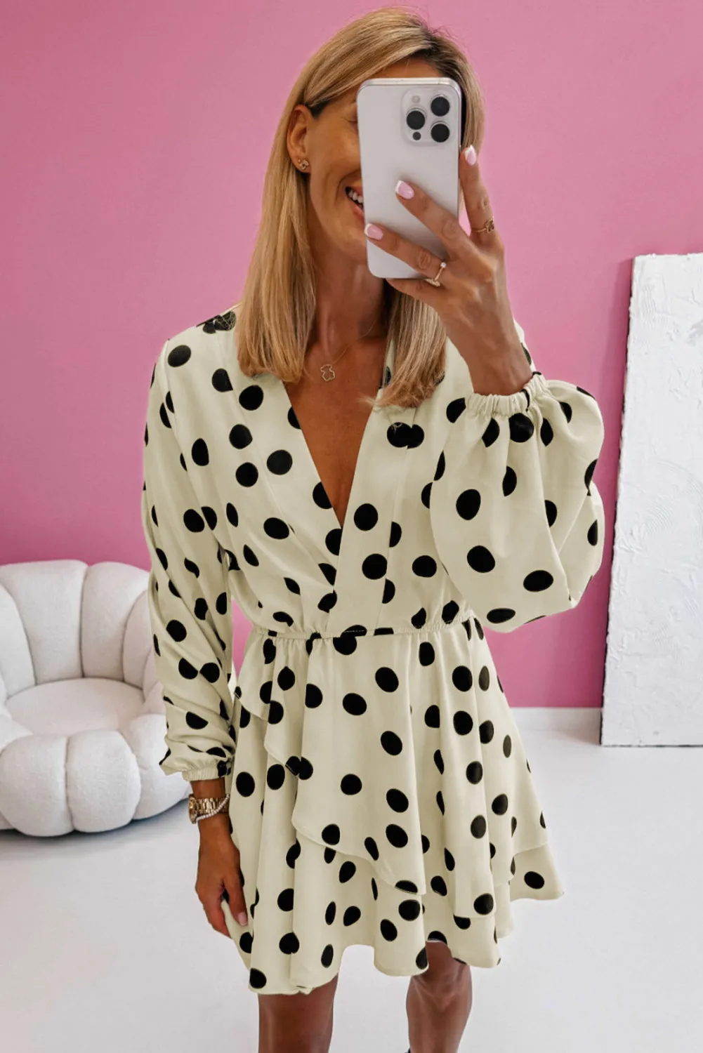 Polka Dot Print Surplice V-Neck Puff Sleeve Mini Dress sold by Beagle Boutique product image thumbnail 2