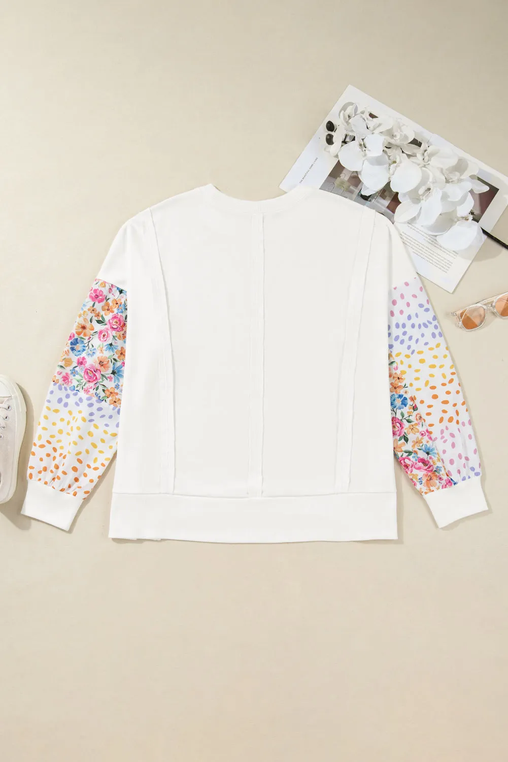 Plus Size Exposed Seam Detail Contrast Dot Floral Patchwork Sleeve Sweatshirt sold by Beagle Boutique product image thumbnail 5