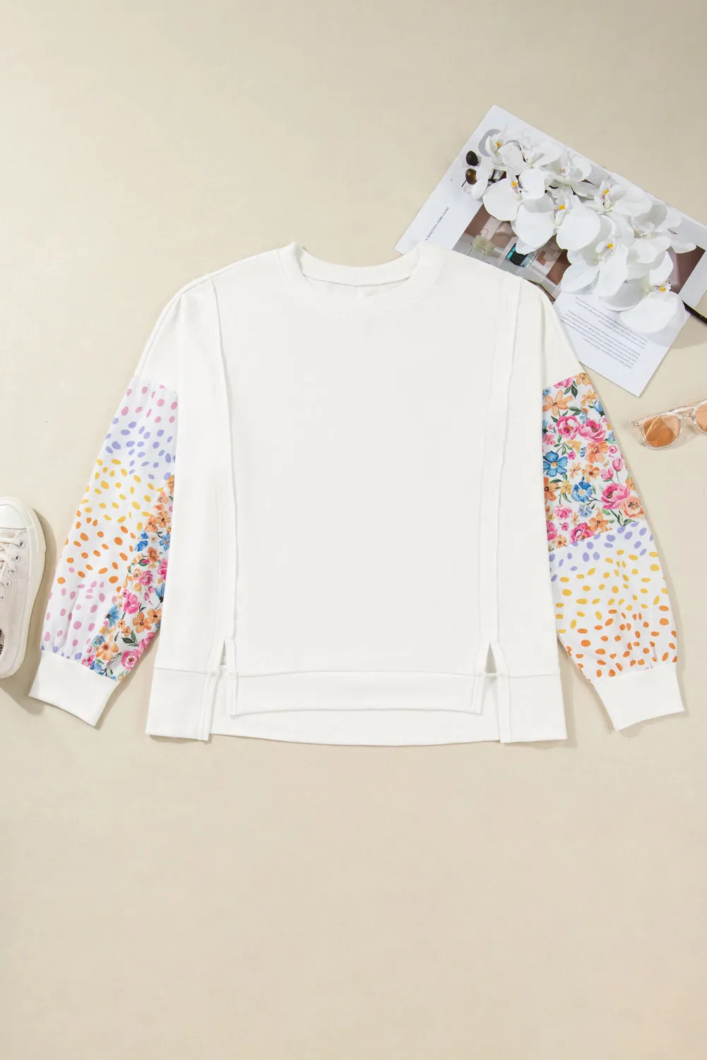 Plus Size Exposed Seam Detail Contrast Dot Floral Patchwork Sleeve Sweatshirt sold by Beagle Boutique product image thumbnail 4