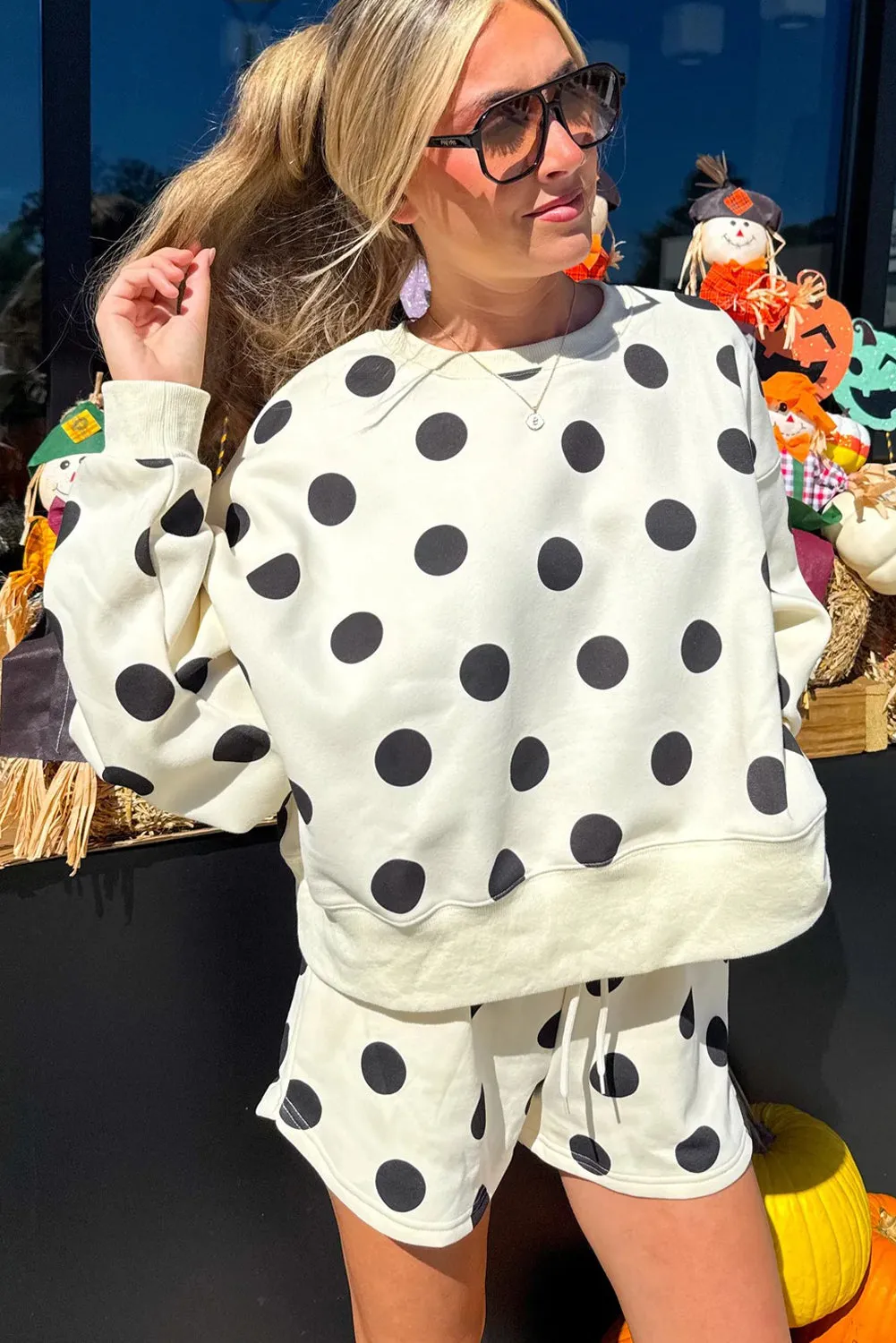 Polka Dot Print Drop Shoulder Pullover Drawstring Shorts Set sold by Beagle Boutique product image thumbnail 5