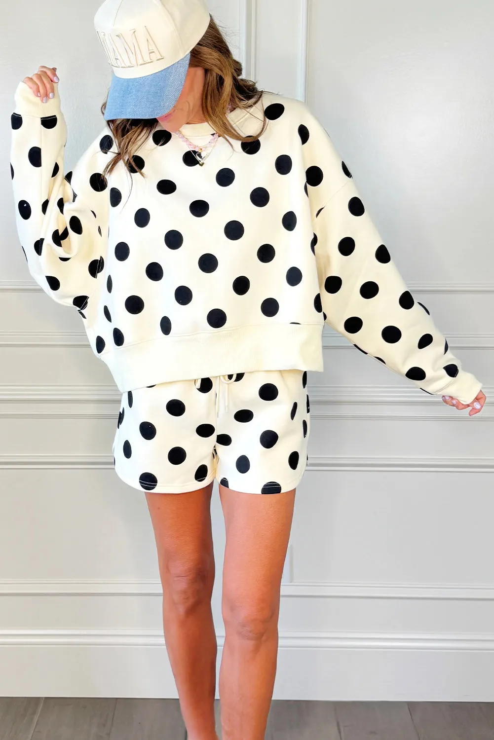 Polka Dot Print Drop Shoulder Pullover Drawstring Shorts Set sold by Beagle Boutique product image thumbnail 4