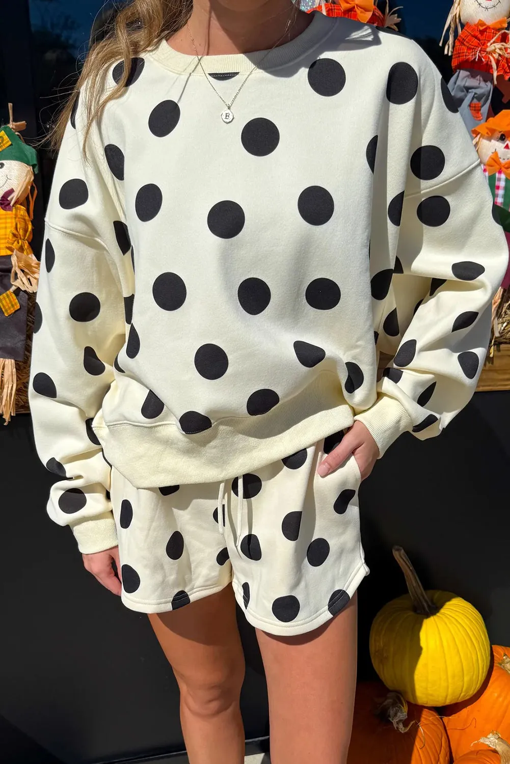 Polka Dot Print Drop Shoulder Pullover Drawstring Shorts Set sold by Beagle Boutique product image thumbnail 3