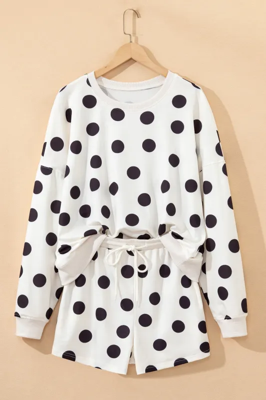 Polka Dot Print Drop Shoulder Pullover Drawstring Shorts Set made by Beagle Boutique