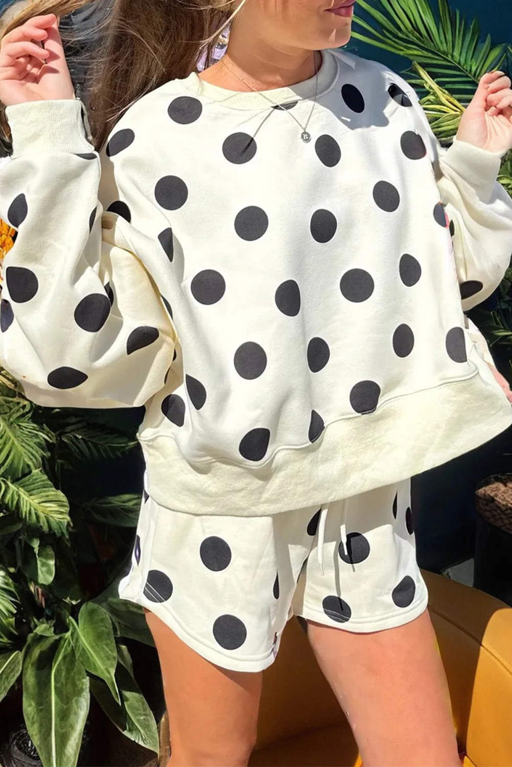 Polka Dot Print Drop Shoulder Pullover Drawstring Shorts Set sold by Beagle Boutique product image thumbnail 2