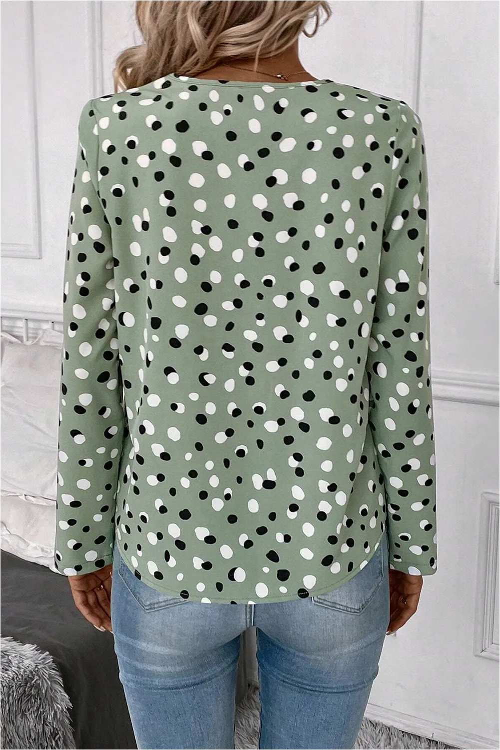 Green Dotted Print Button Front V-Neck Blouse sold by Beagle Boutique product image thumbnail 2