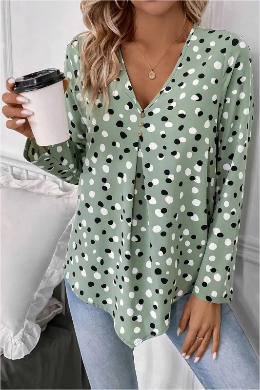 Green Dotted Print Button Front V-Neck Blouse made by Beagle Boutique