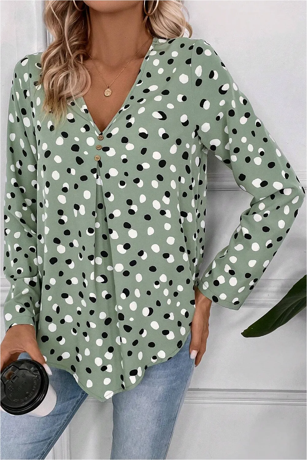 Green Dotted Print Button Front V-Neck Blouse sold by Beagle Boutique product image thumbnail 5