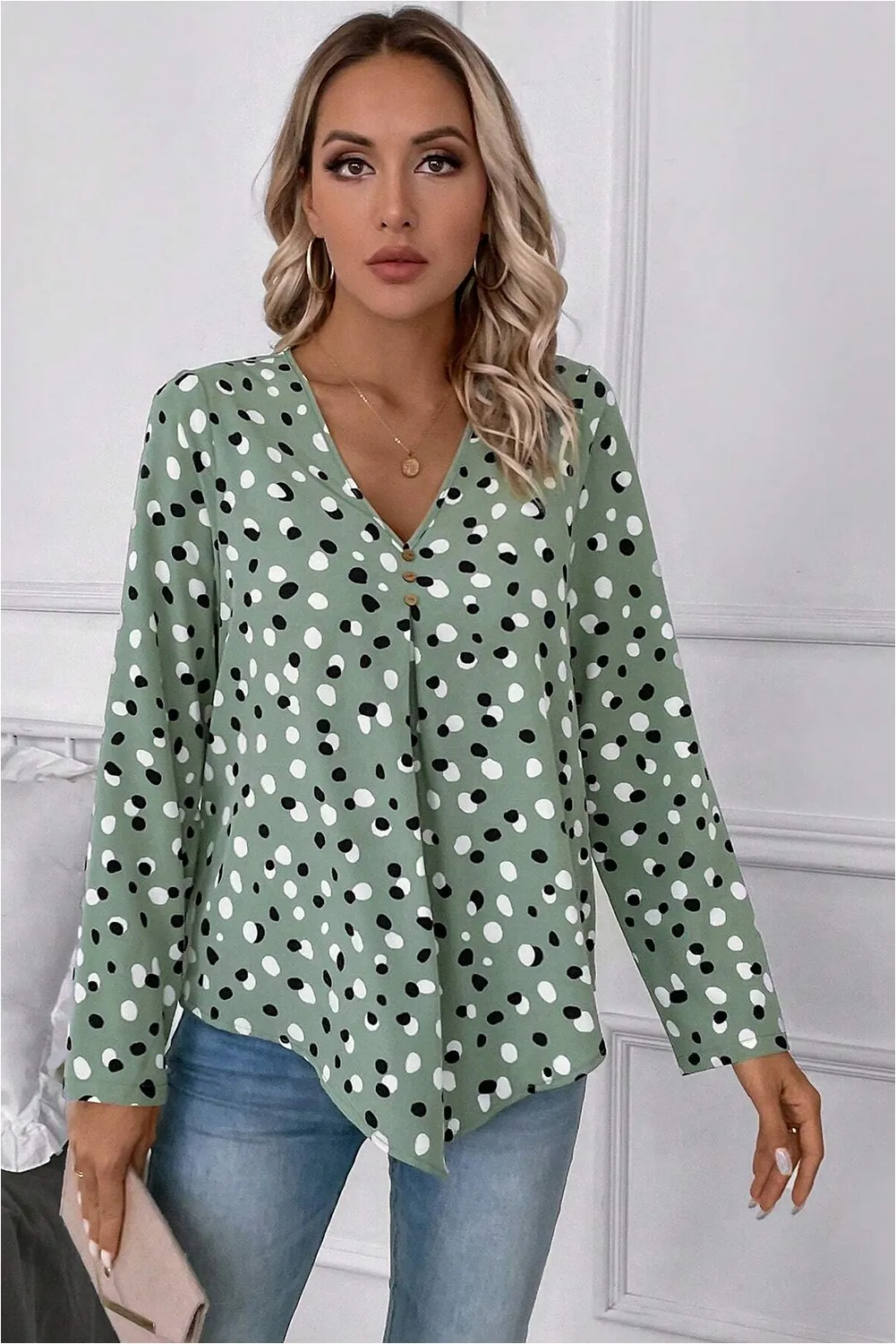Green Dotted Print Button Front V-Neck Blouse sold by Beagle Boutique product image thumbnail 4