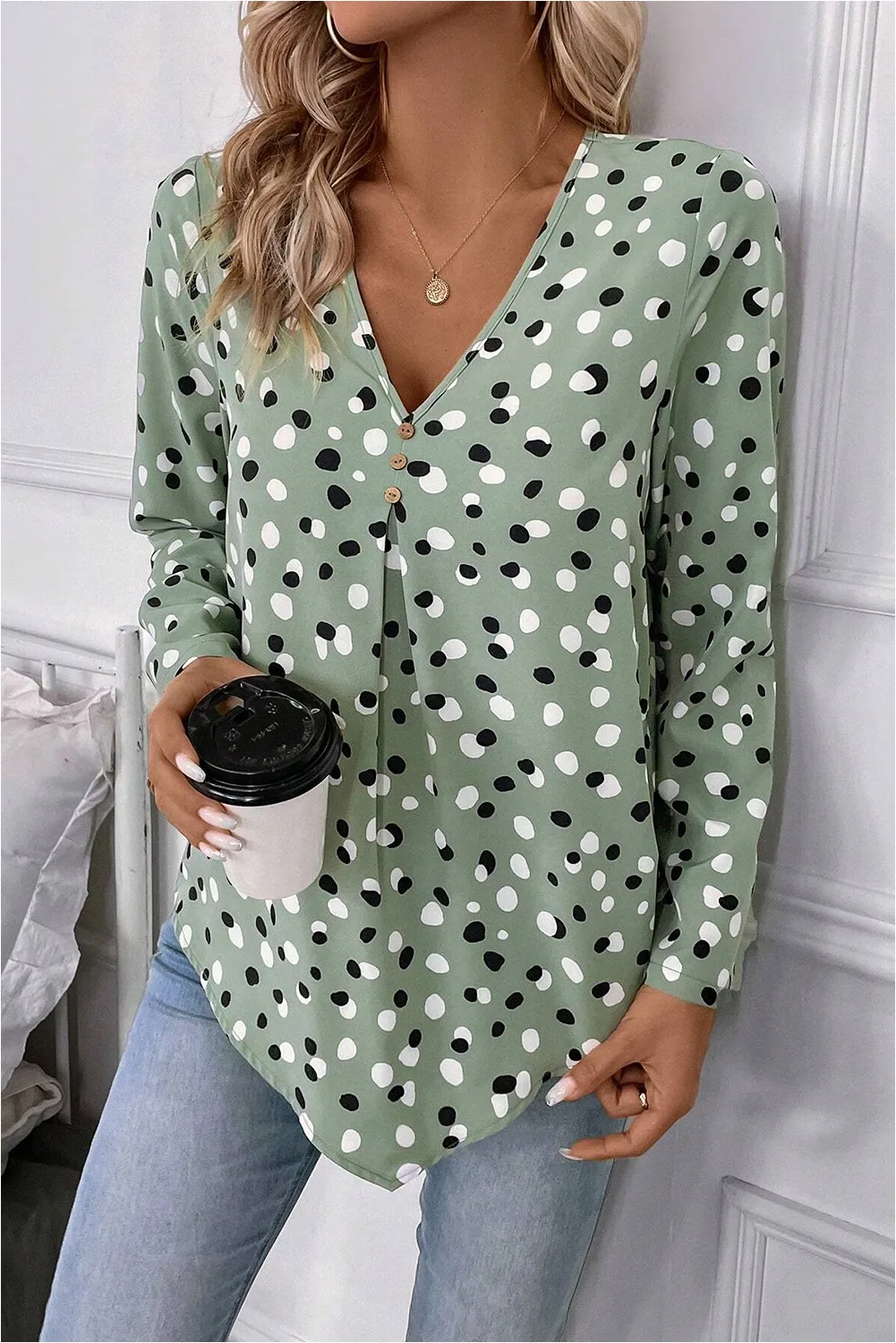Green Dotted Print Button Front V-Neck Blouse sold by Beagle Boutique product image thumbnail 3