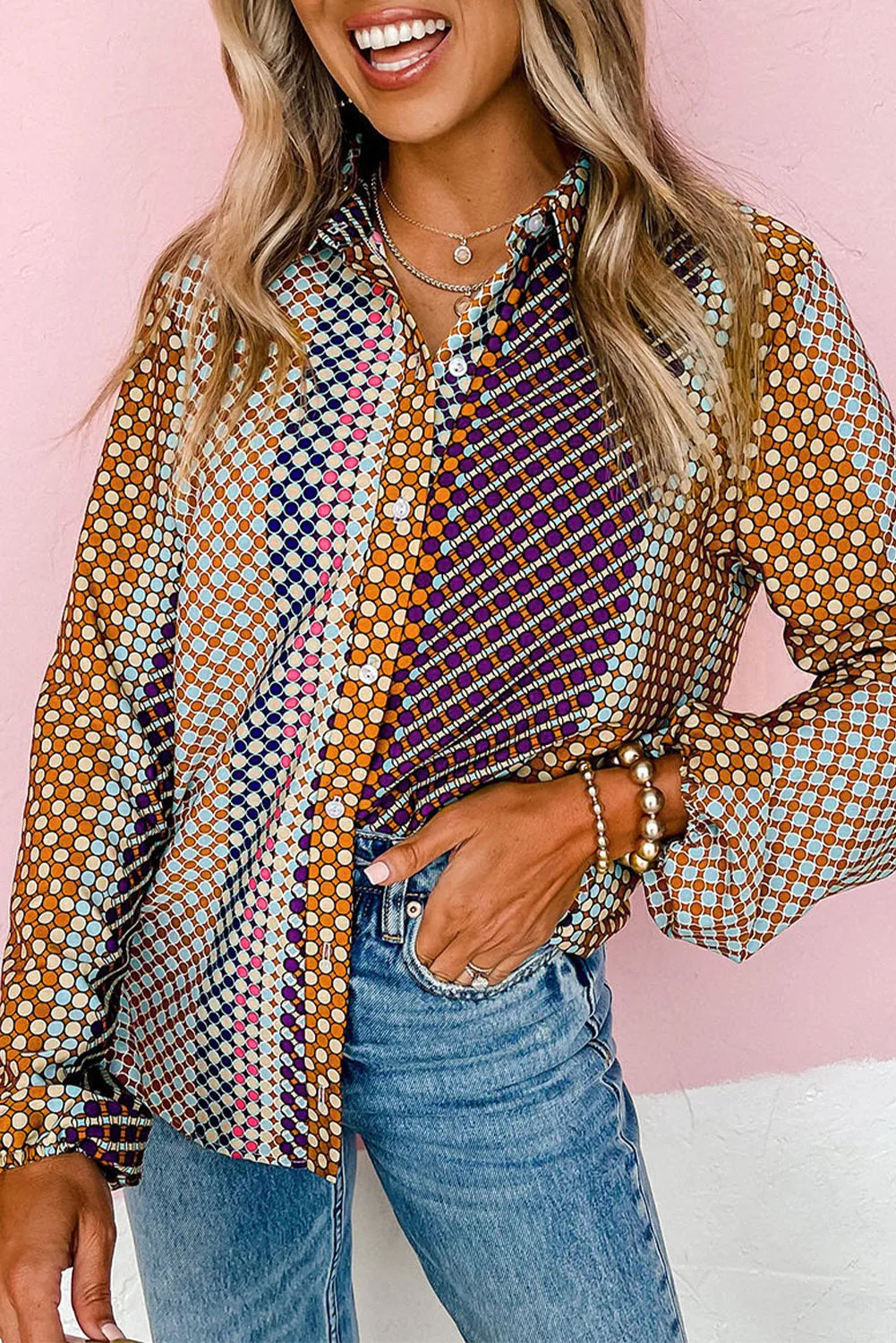 Brown Dot Print Long Sleeve Button Down Shift Shirt sold by Beagle Boutique product image thumbnail 2