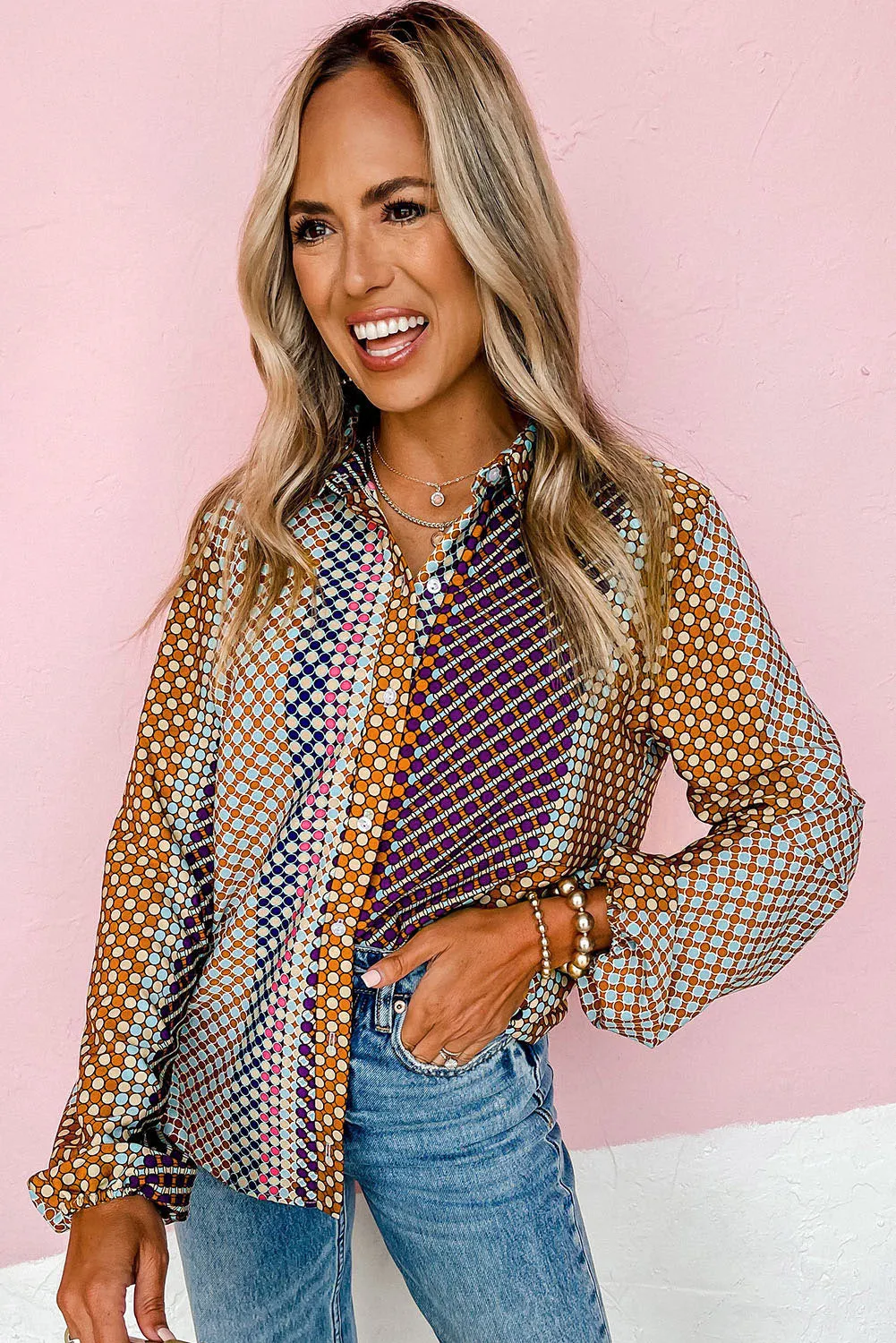 Brown Dot Print Long Sleeve Button Down Shift Shirt sold by Beagle Boutique product image thumbnail 4