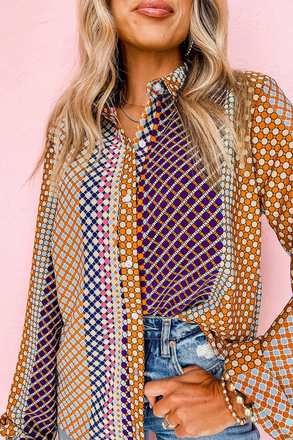 Brown Dot Print Long Sleeve Button Down Shift Shirt sold by Beagle Boutique product image thumbnail 3