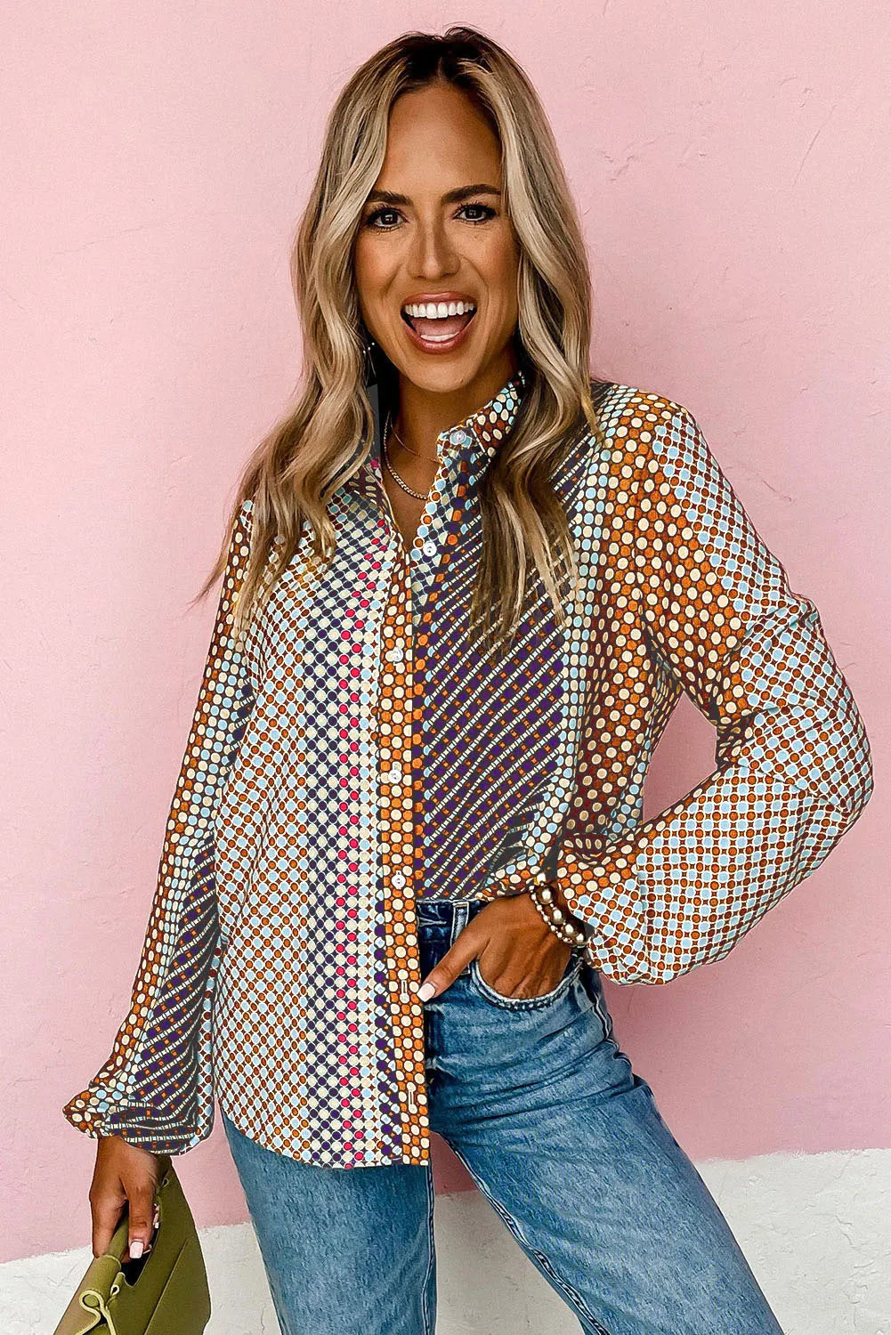 Brown Dot Print Long Sleeve Button Down Shift Shirt sold by Beagle Boutique product image thumbnail 5