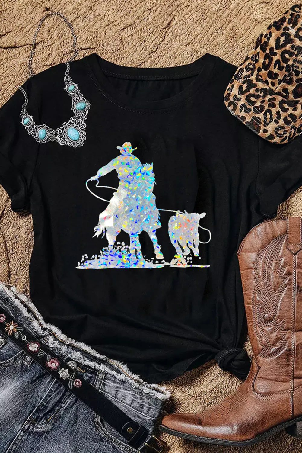Black Western Cowboy Transfer Vinyl Process Graphic Crewneck Tee sold by Beagle Boutique