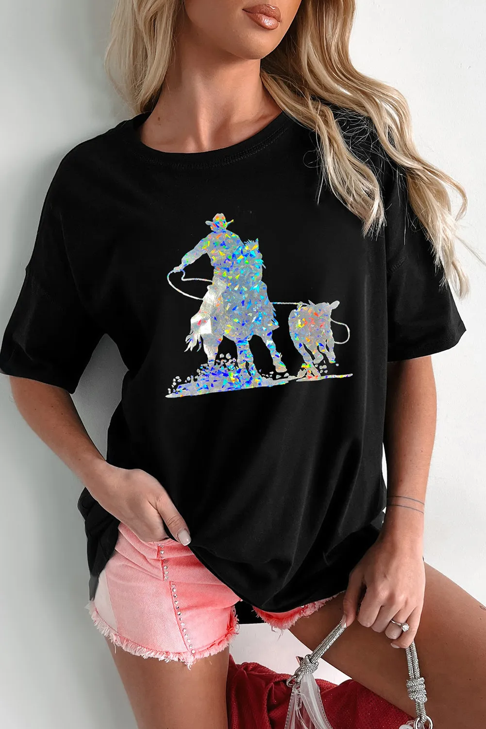 Black Western Cowboy Transfer Vinyl Process Graphic Crewneck Tee sold by Beagle Boutique product image thumbnail 5