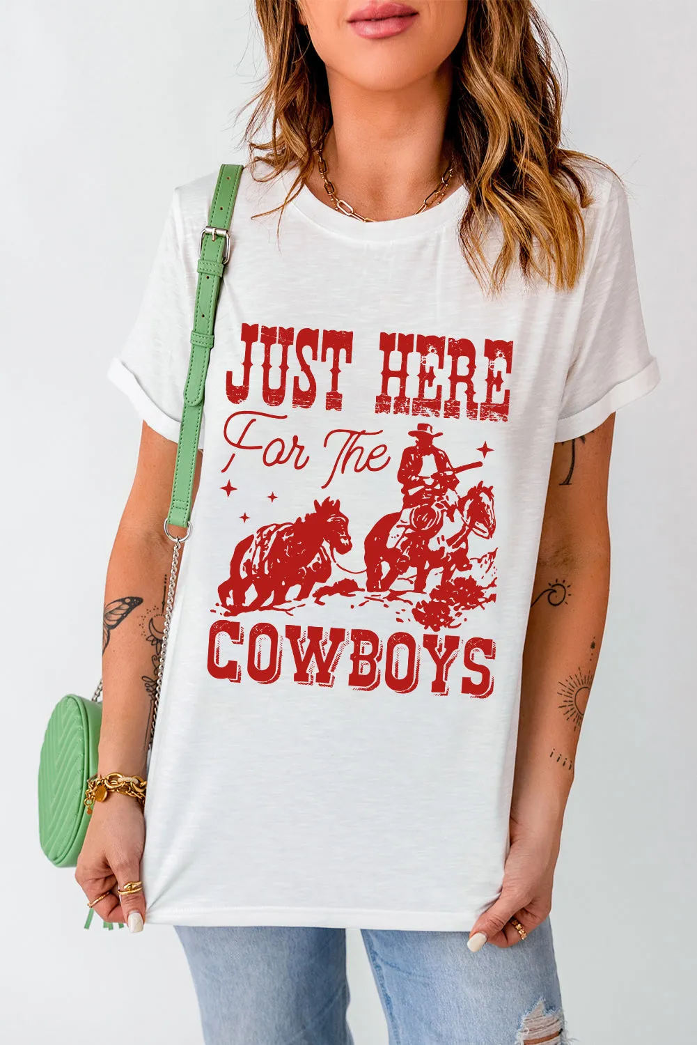 White JUST HERE For THE COWBOY Crew Neck T-Shirt sold by Beagle Boutique product image thumbnail 2