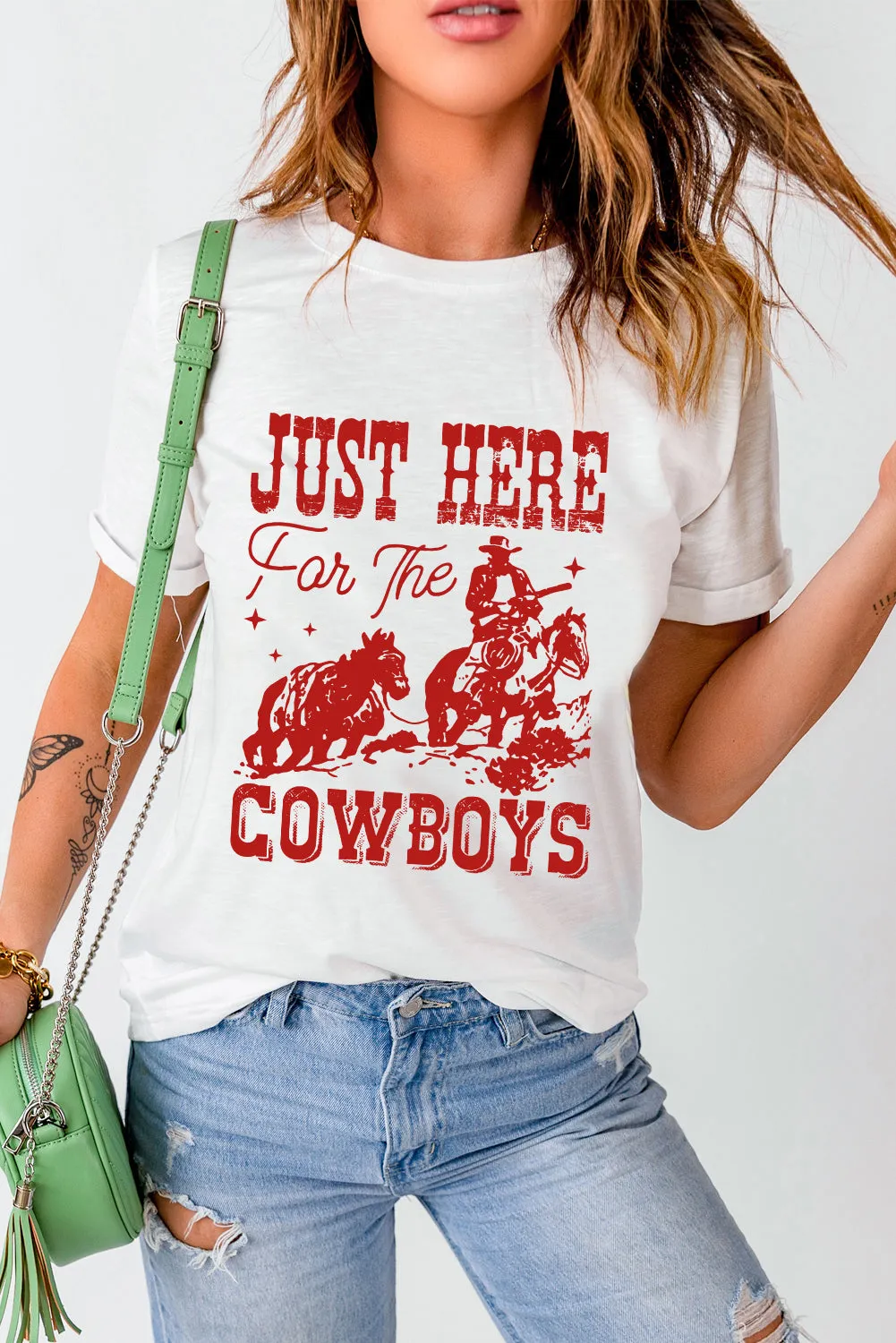 White JUST HERE For THE COWBOY Crew Neck T-Shirt sold by Beagle Boutique product image thumbnail 4