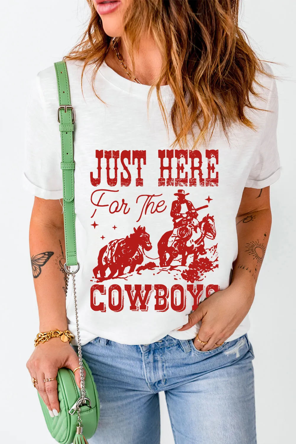 White JUST HERE For THE COWBOY Crew Neck T-Shirt sold by Beagle Boutique product image thumbnail 5