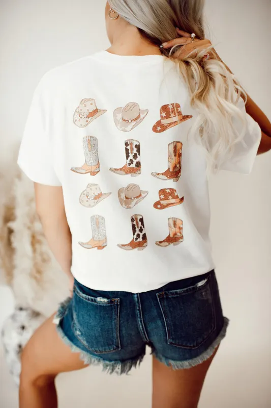 White Double-Side Cowboy Hat & Boots Graphic Tee sold by Beagle Boutique
