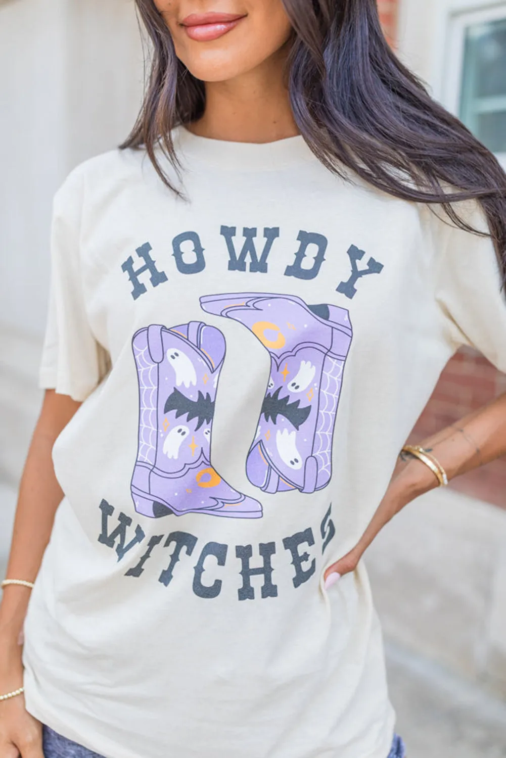 White HOWDY WITCHES Boots Crewneck T-Shirt sold by Beagle Boutique product image thumbnail 5