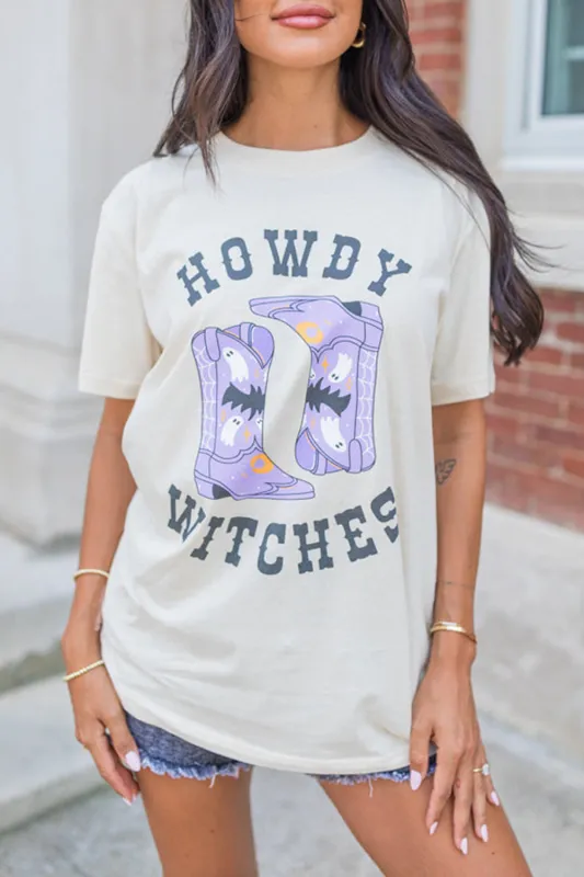 White HOWDY WITCHES Boots Crewneck T-Shirt sold by Beagle Boutique